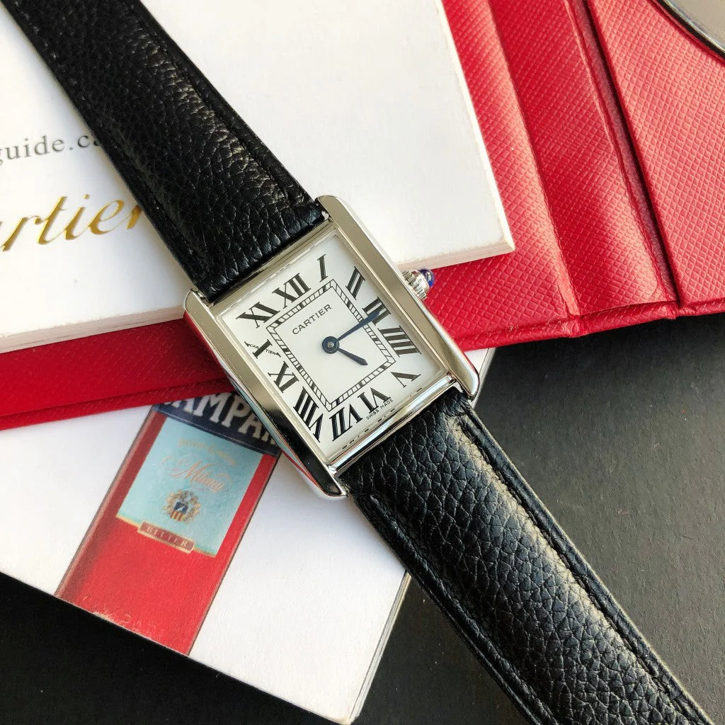 CARTIER Watch TANK SOLO SILVER CASE BLACK CALFSKIN LEATHER
