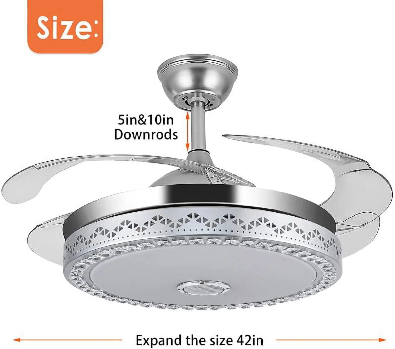 42"Invisible Chandelier Ceiling Fan with Light and Bluetooth Speaker,Modern 3 Color Change Crystal Ceiling Fan Light with Remote Control 4 Retractable ABS Blades