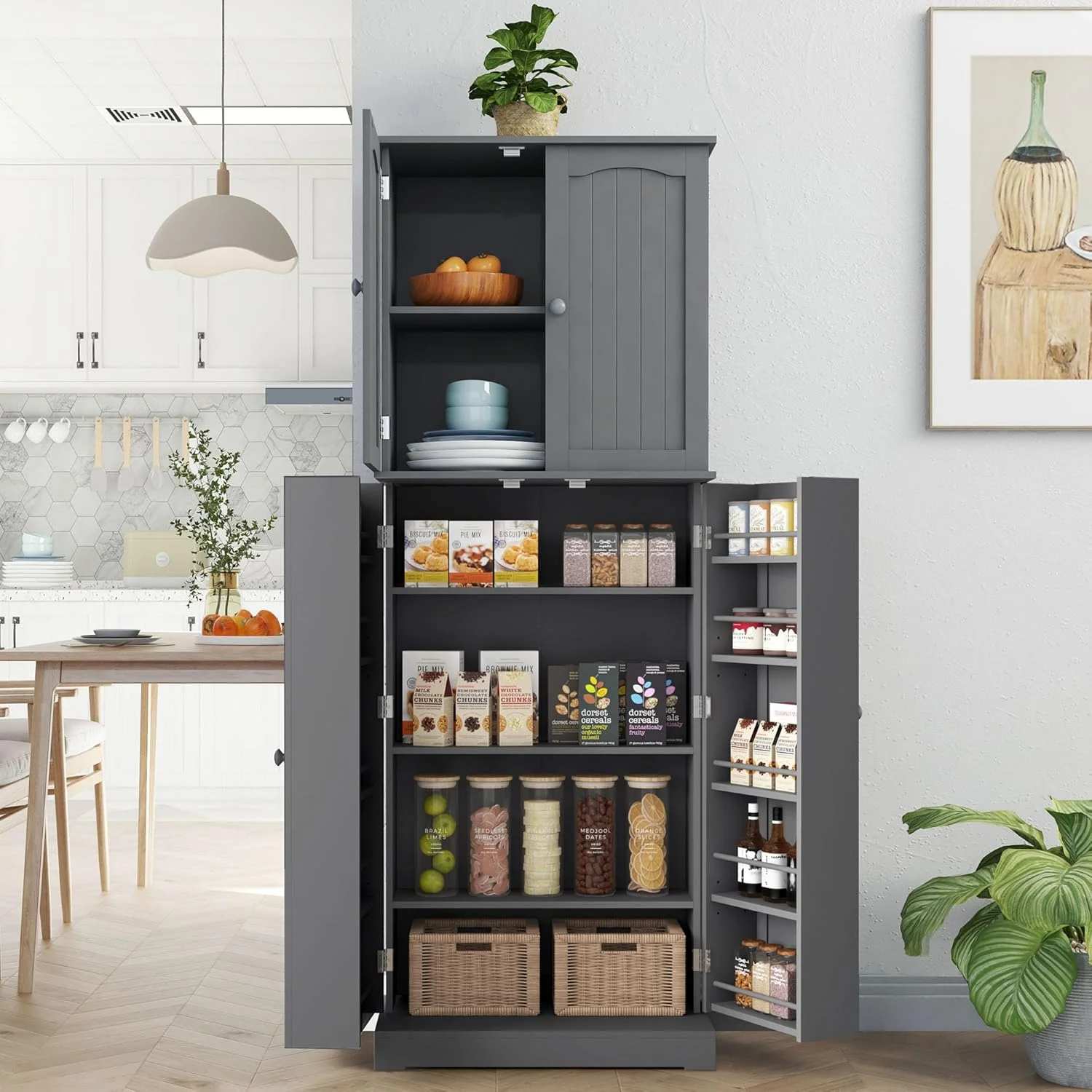 Yusong 64'' Kitchen Storage Cabinet, Tall Kitchen Pantry Storage Cabinet with Doors and Shelves, Food Pantry Cabinet Free Standing Pantry for Kitchen Dining Living Room, Grey
