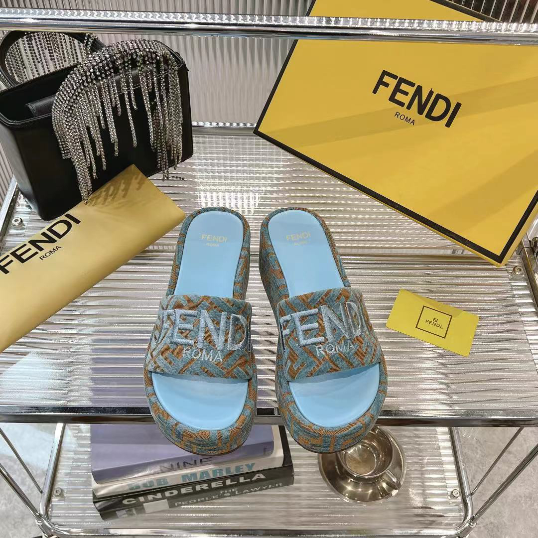 Fendi Baby Blue Open Toe FF Monogram Jacquard Canvas Platform Slippers