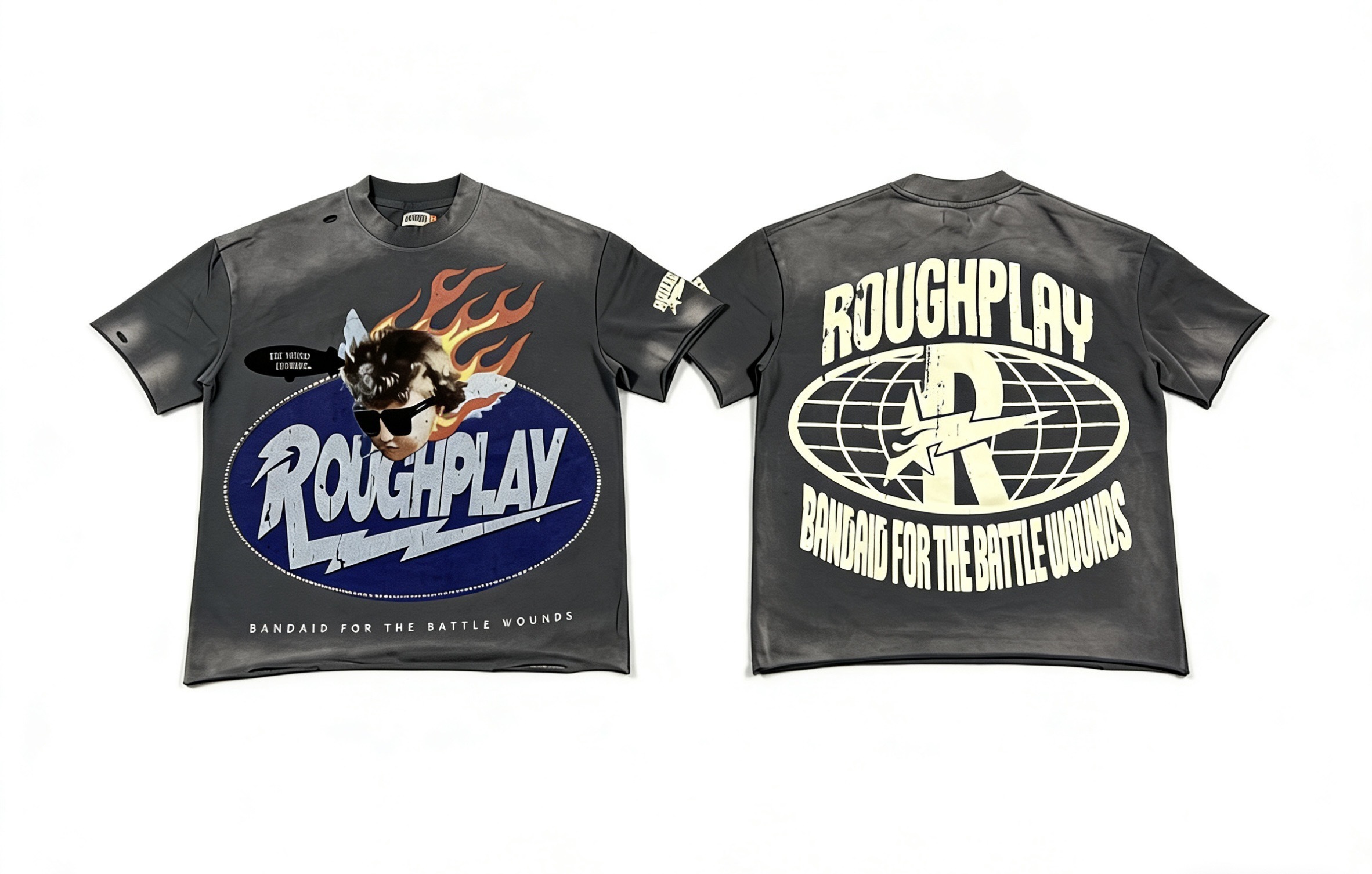 Grey washed short-sleeved shirt with lightning flame print