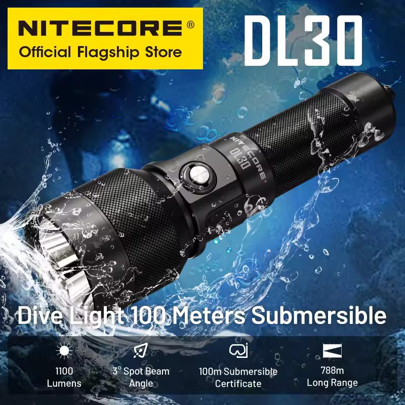 NITECORE DL30 Dive Flashlight For 100 Meters Submersible 788m Long Range Spotlight With USB-C Rechargeable 21700 Li-ion Battery