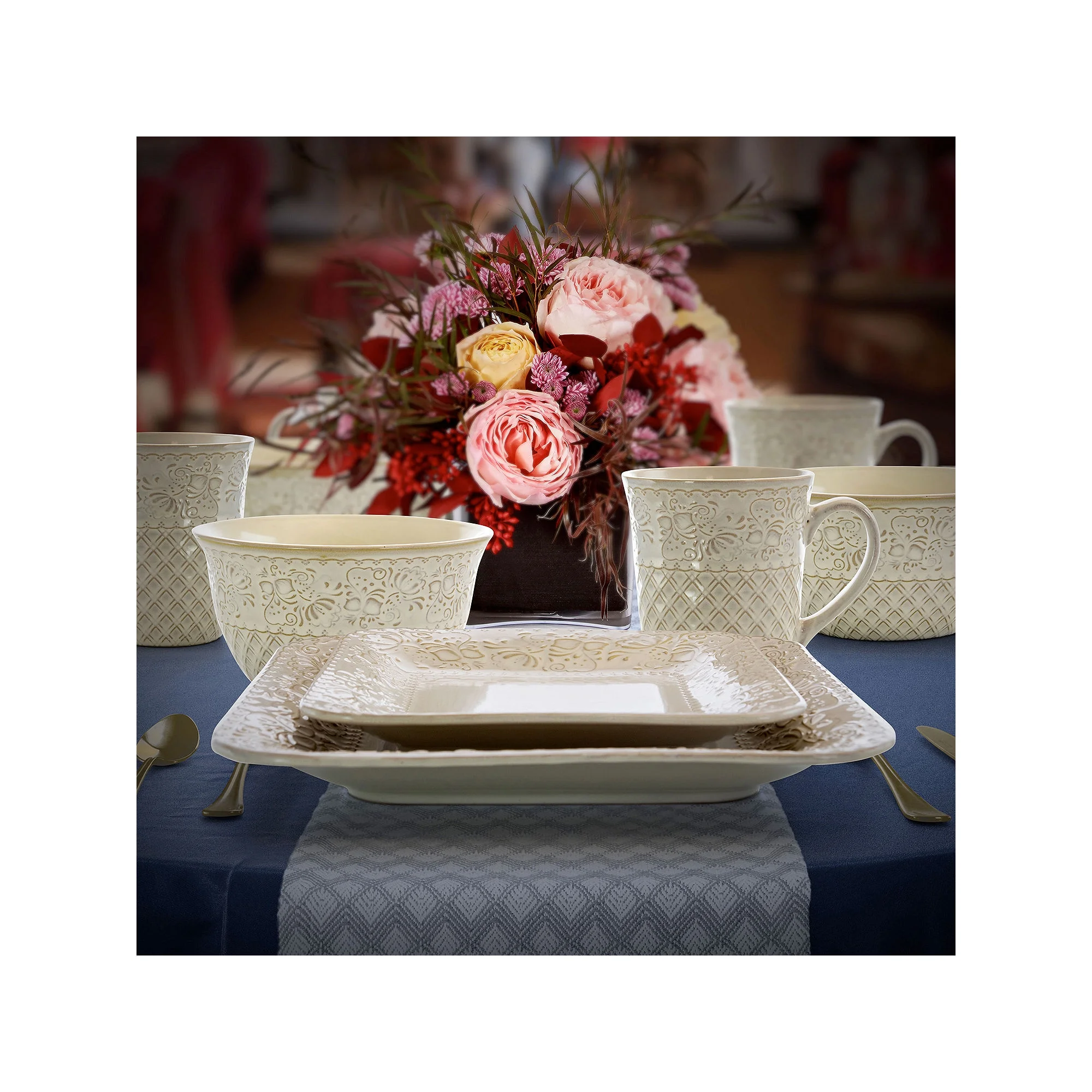 Elama Ivory Lotus 16 Piece Square Dinnerware Set