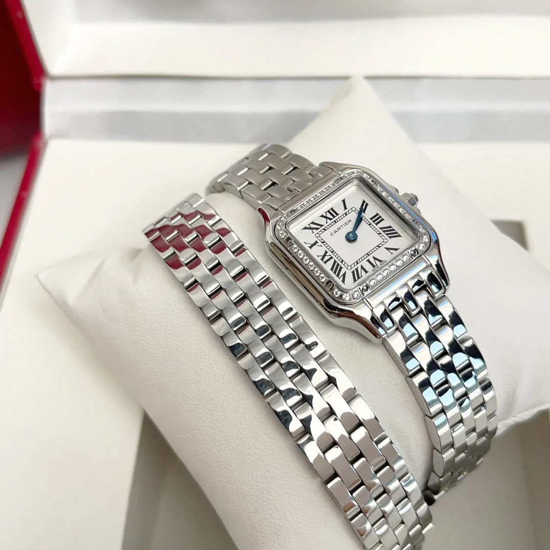 Cartier Watch Panthere 22mm Silver Diamond Bezel Double Chain 44cm