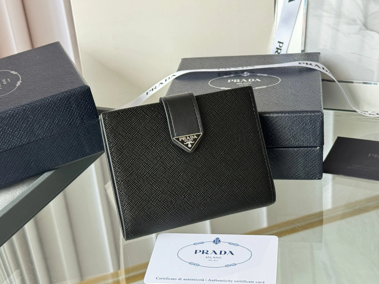 Prada 1MV204 Small Wallet Black Silver Tone Saffiano & Smooth Leather