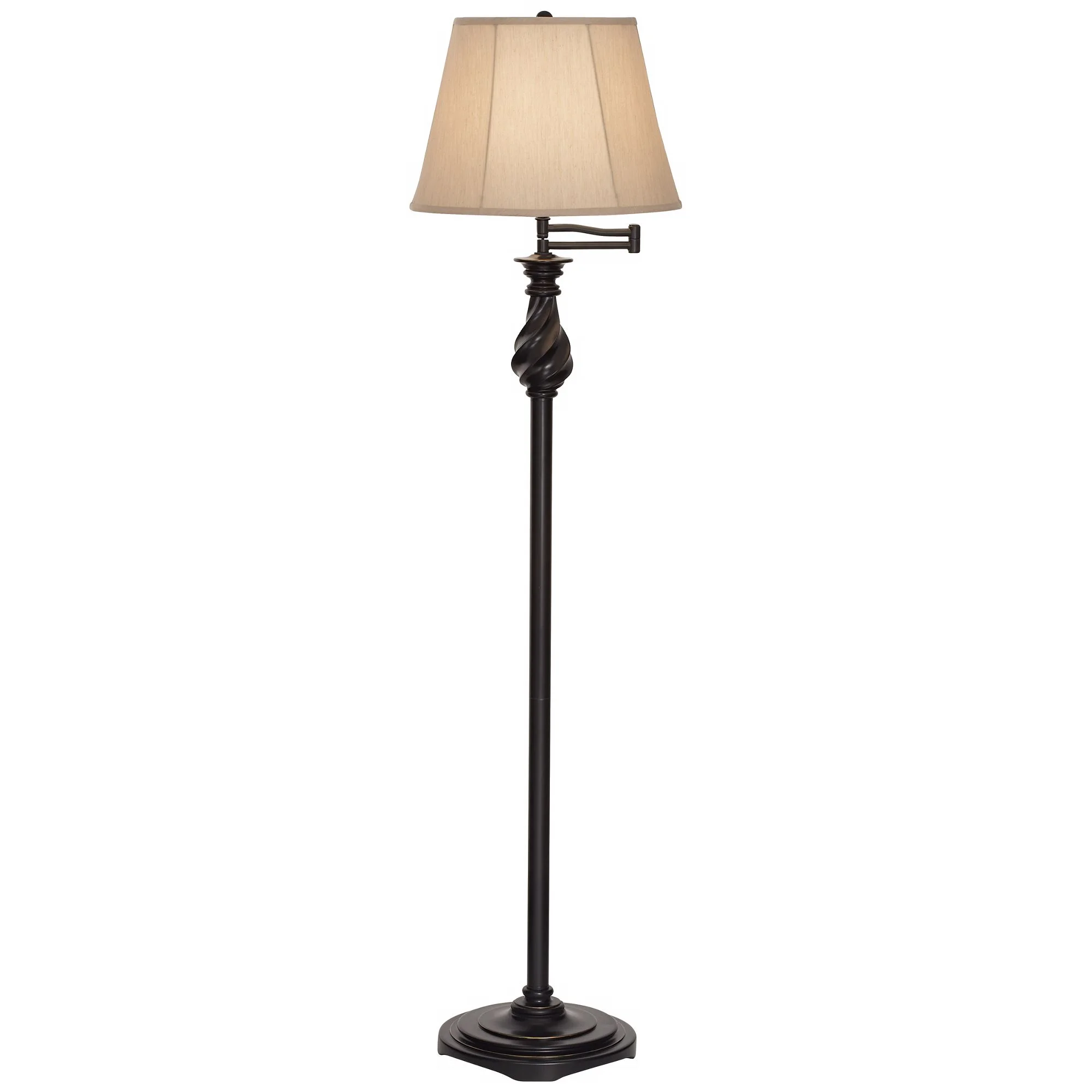 Regency Hill Traditional Swing Arm Floor Lamp 58" Tall Painted Black Bronze Swirl Font Faux Silk Beige Shade for Living Room Reading Office