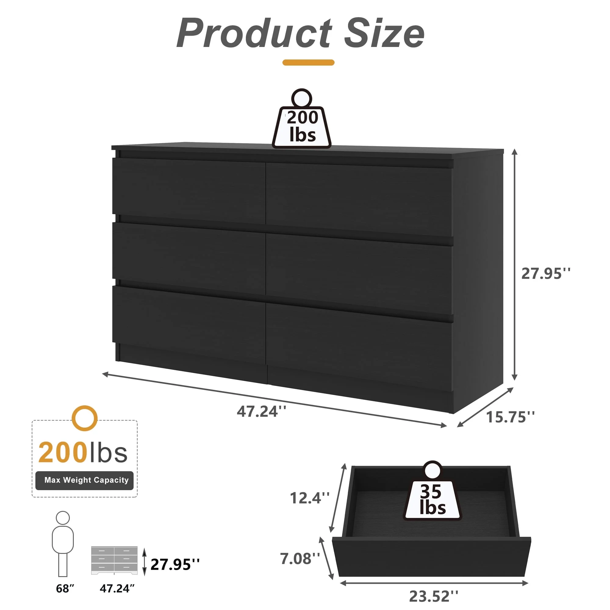 Kadyn Modern 6 Drawer Dresser Wood Cabinet,Dresser for Bedroom, Kitchen Storage Cabinet with Drawers, Chest of Drawers(Black)