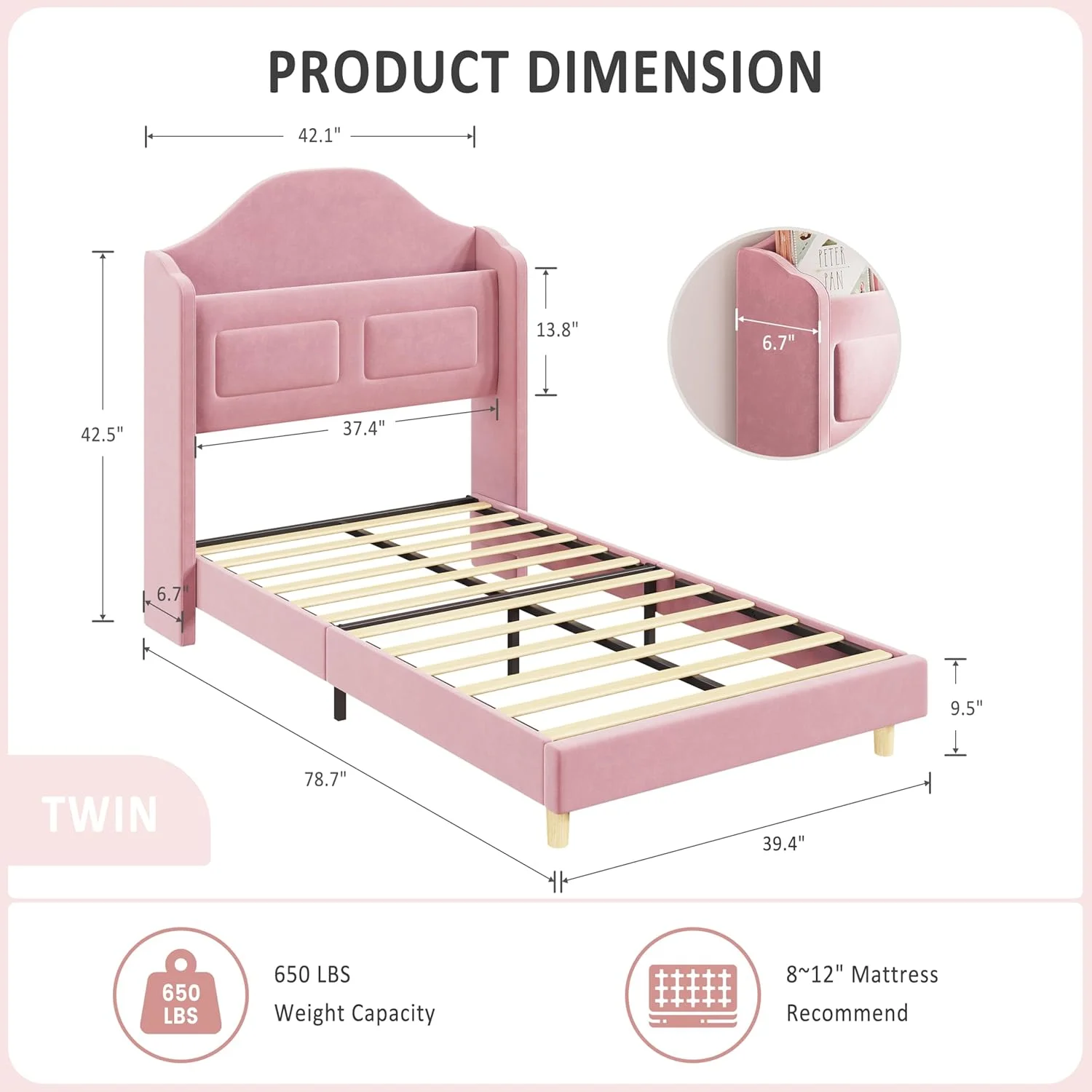 BouPower Twin Size Bed Frame with LED Lights,Platform Bed with Wing Back Storage Headboard,Upholstered Twin Bed,No Box Spring Needed,Easy Assembly