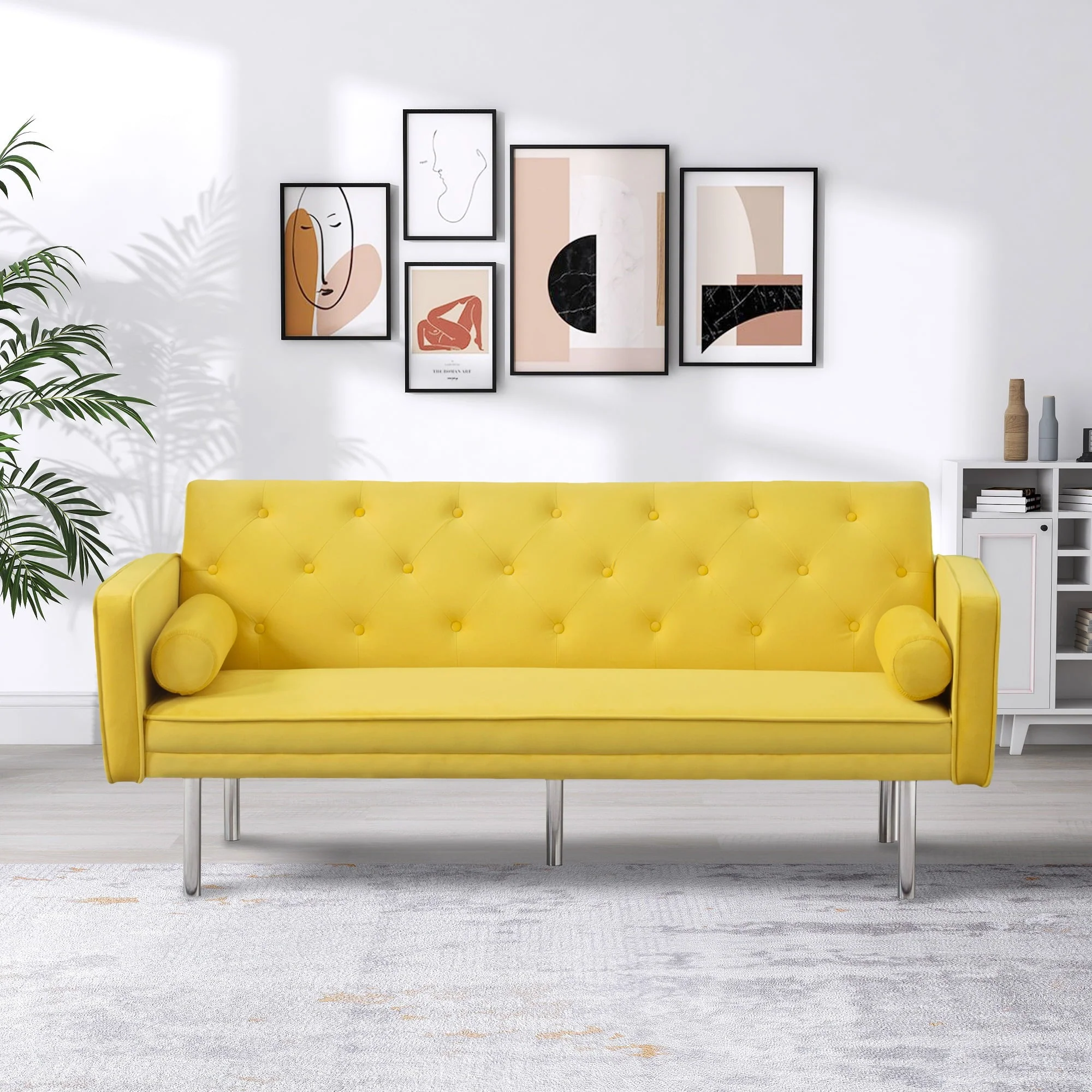 Modstyle Futon Sofa Bed, Velvet Convertible Sleeper Sofa with Pillows, Yellow