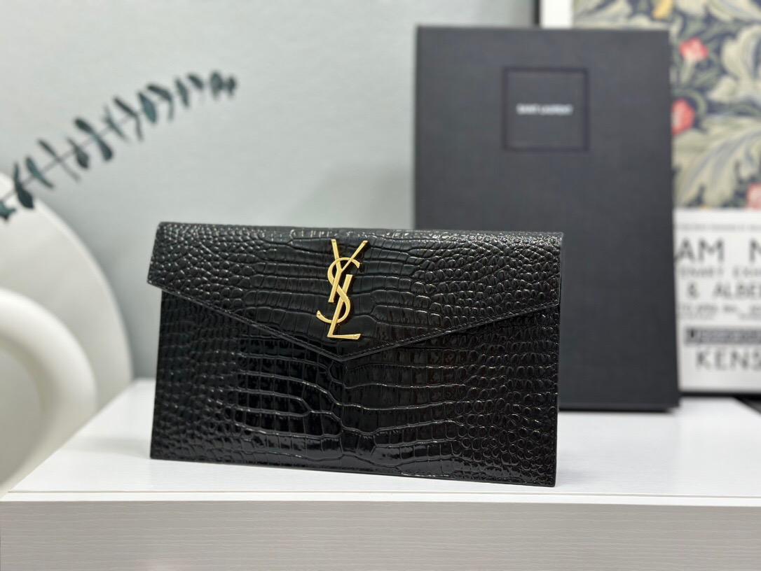 YSL Uptown Crocodile-Embossed Leather Envelope Clutch bag