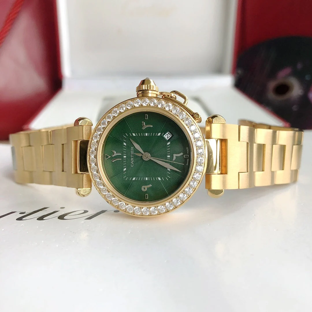 Cartier Watch PASHA 35MM QUARTZ GOLD CASE DIAMOND BEZEL BLUE DIAL