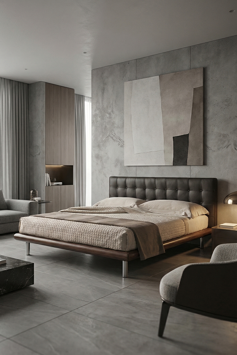 Italian minimalist true leather buckle bed, modern light luxury master bedroom, double bed, metal foot suspended bed