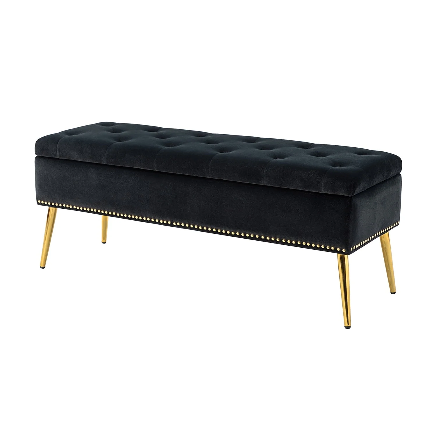 14 Karat Home Velvet Storage Ottoman Bench Gold Leg Upholstered Nailhead Trim Button Tufted Footstool Entryway Bedroom Living Room Pink
