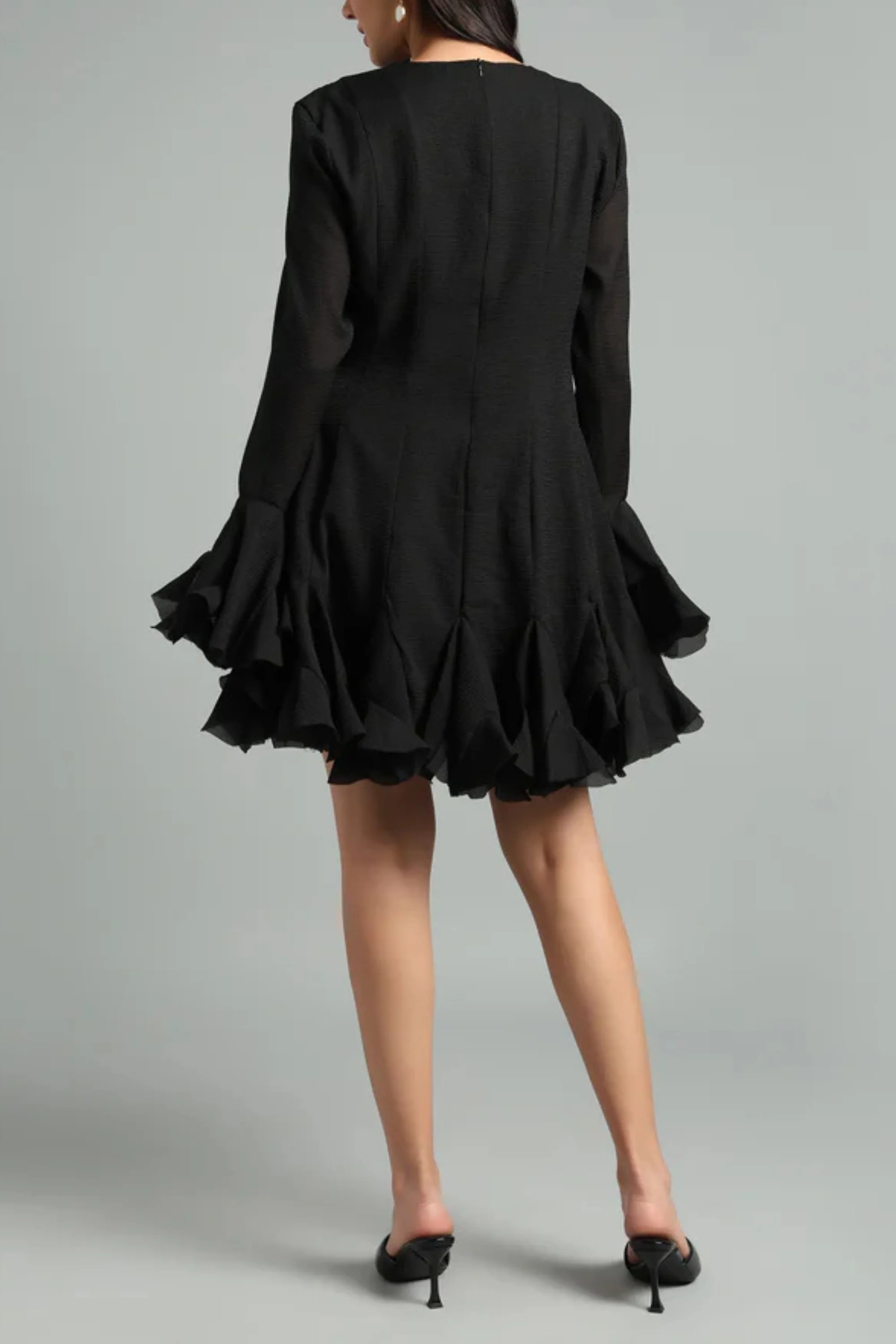 Black Godet Ruffled Dress