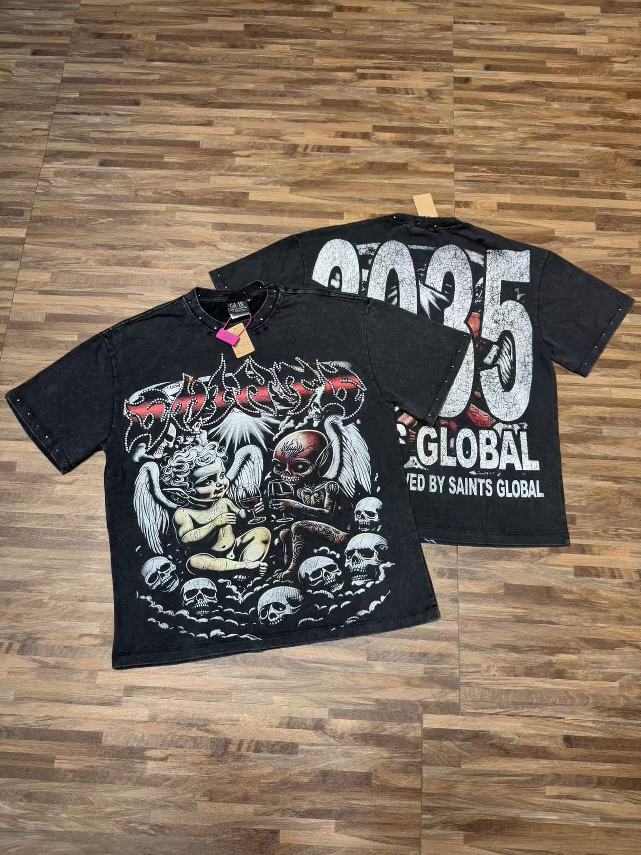 Washed black angel skeleton dark style printed short-sleeved T-shirt
