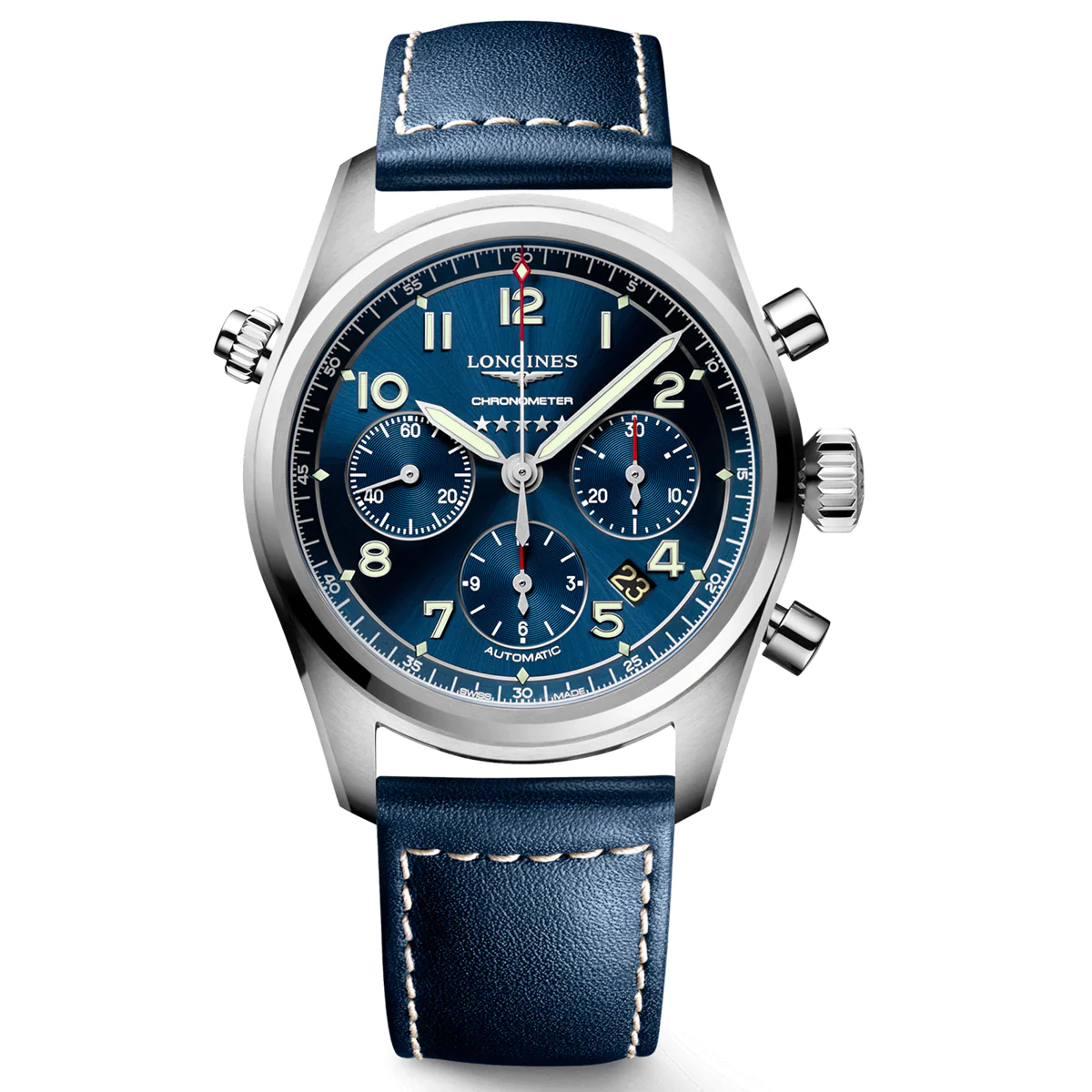 Longines Spirit 42MM Automatic Chronograph Blue Dial Leather Strap Watch L38204930
