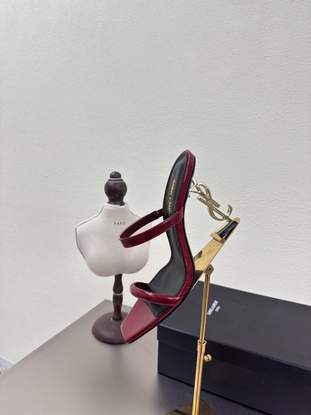 YSL Red Patent Leather Square Toe Metal YSL Logo Opyum Heel Backless Mules Sandals