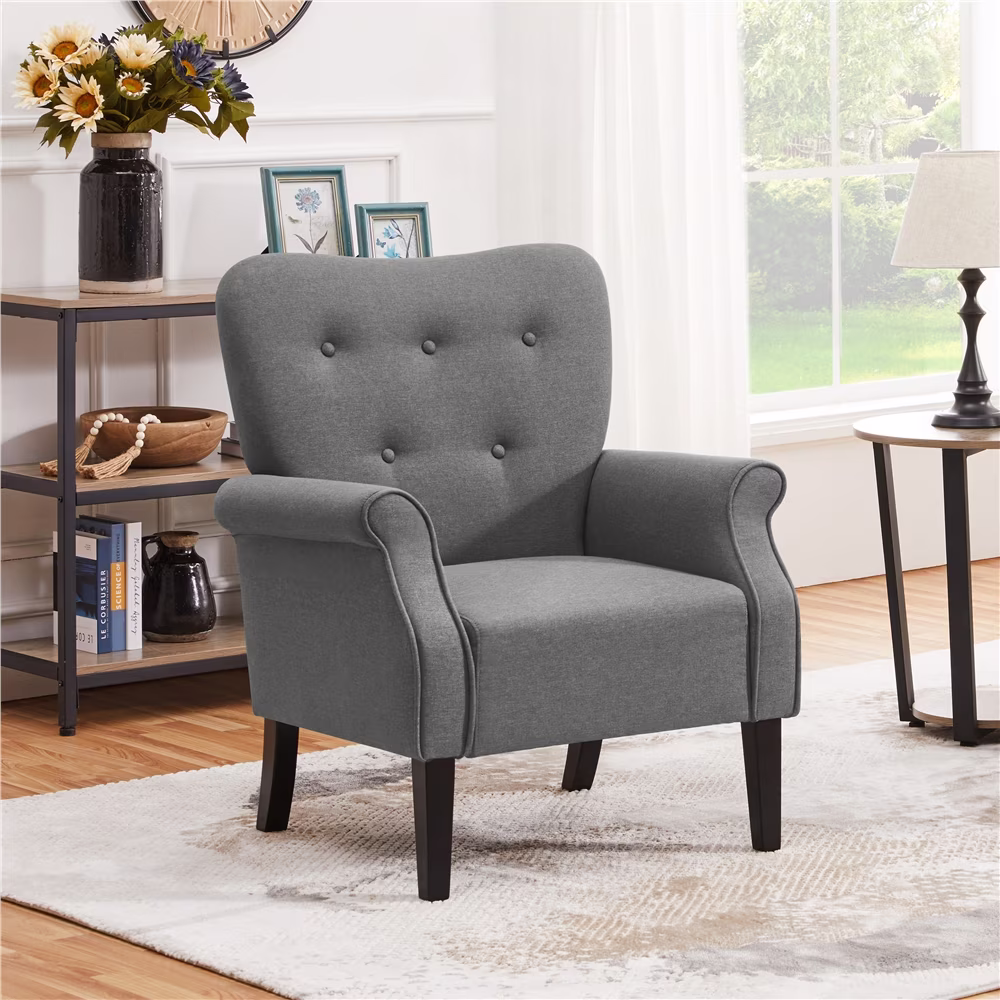 Alden Design Mid-century Upholstered Fabric Accent Armchair for Living Room with Wooden Leg, Dark Gray