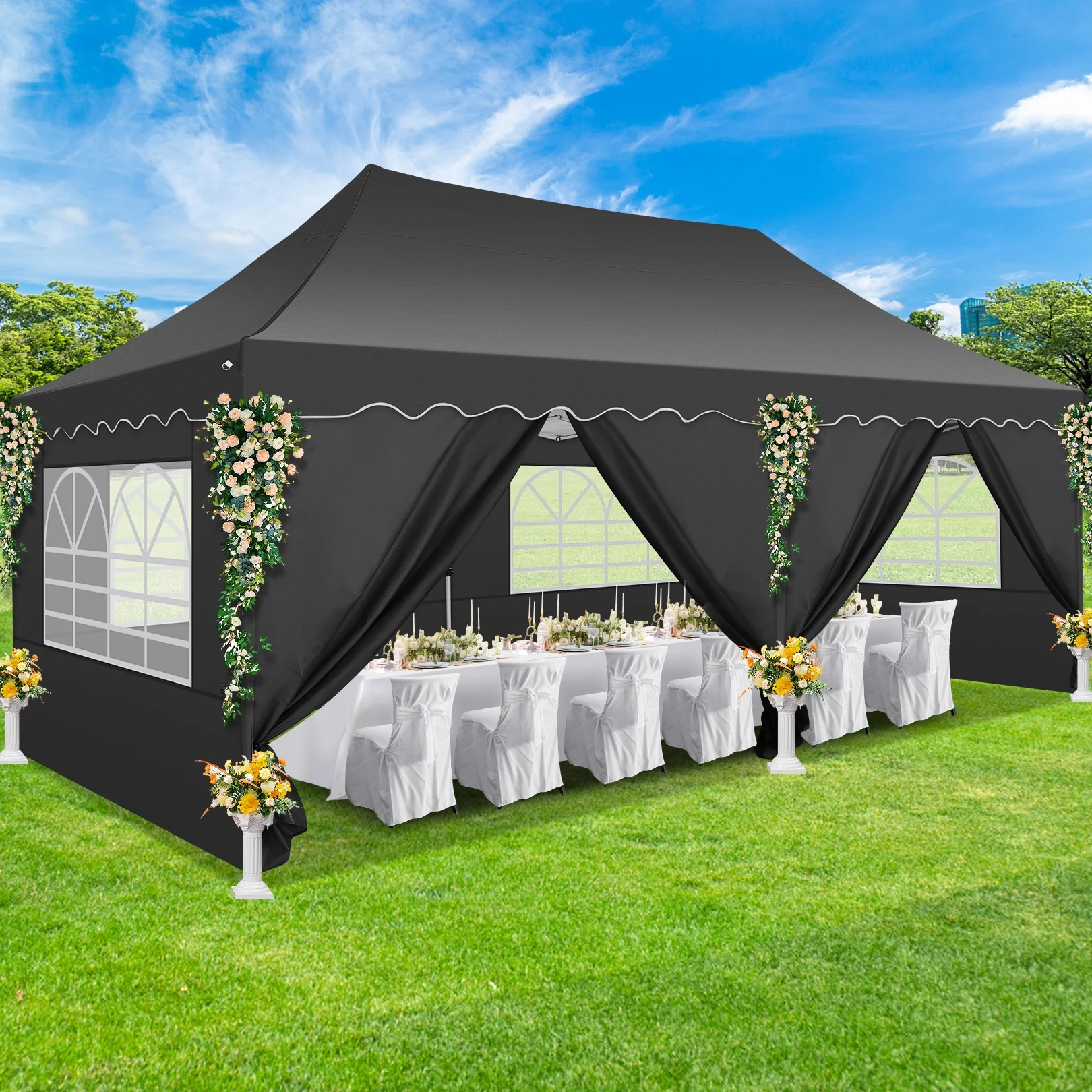 SANOPY 10' x 20' Pop up Canopy Party Tent with 6 Removable Sidewalls, Wave Eave Outdoor Waterproof Patio Gazebo Tent with Carry Bag, Backyards Camping Picnics, Black