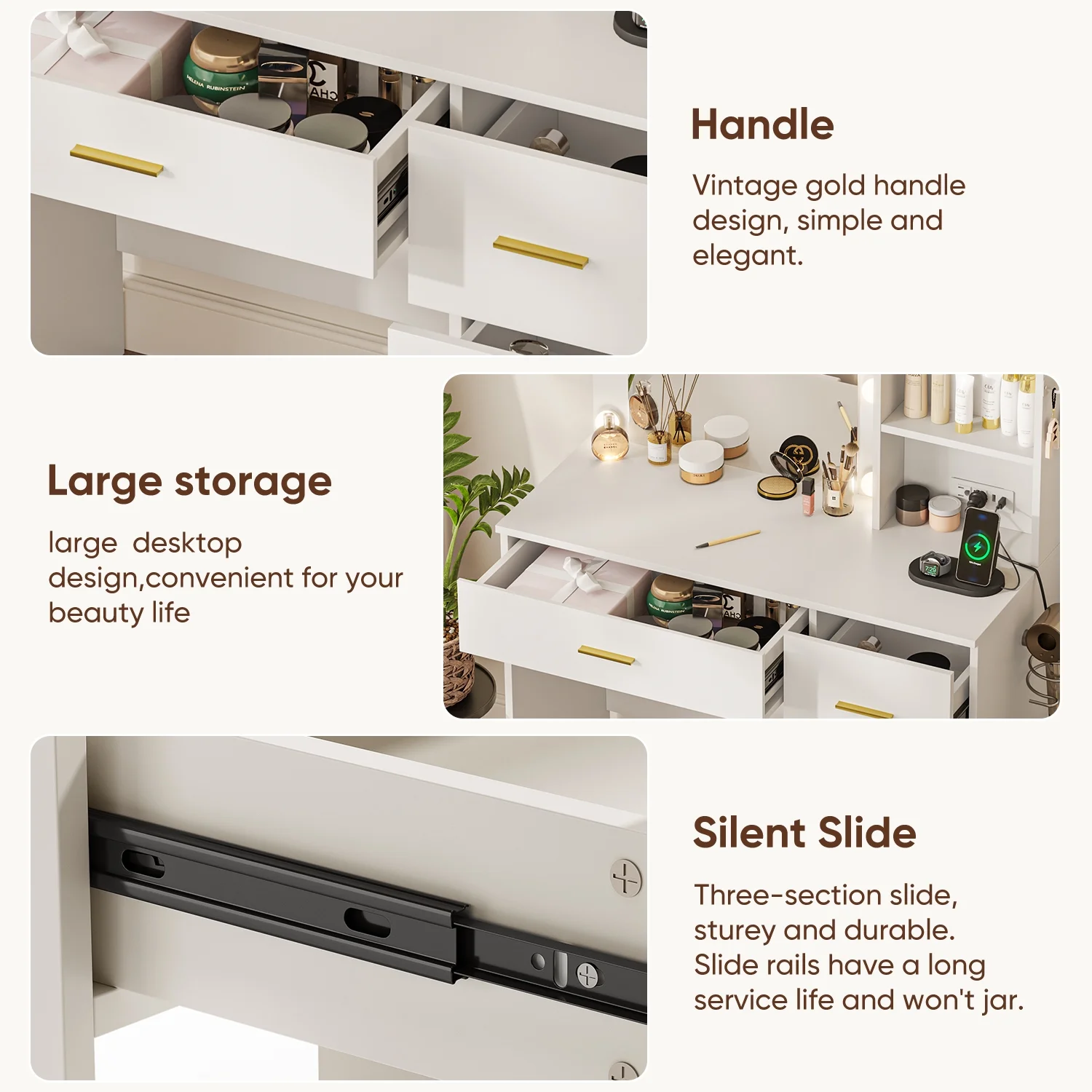 eChamp Makeup Vanity Desk with 3 Color Light & Mirror, Vanity Table with 4 Drawers, Storage Shelf, Power Outlet, Adjustable Brightness Dressing Table, White