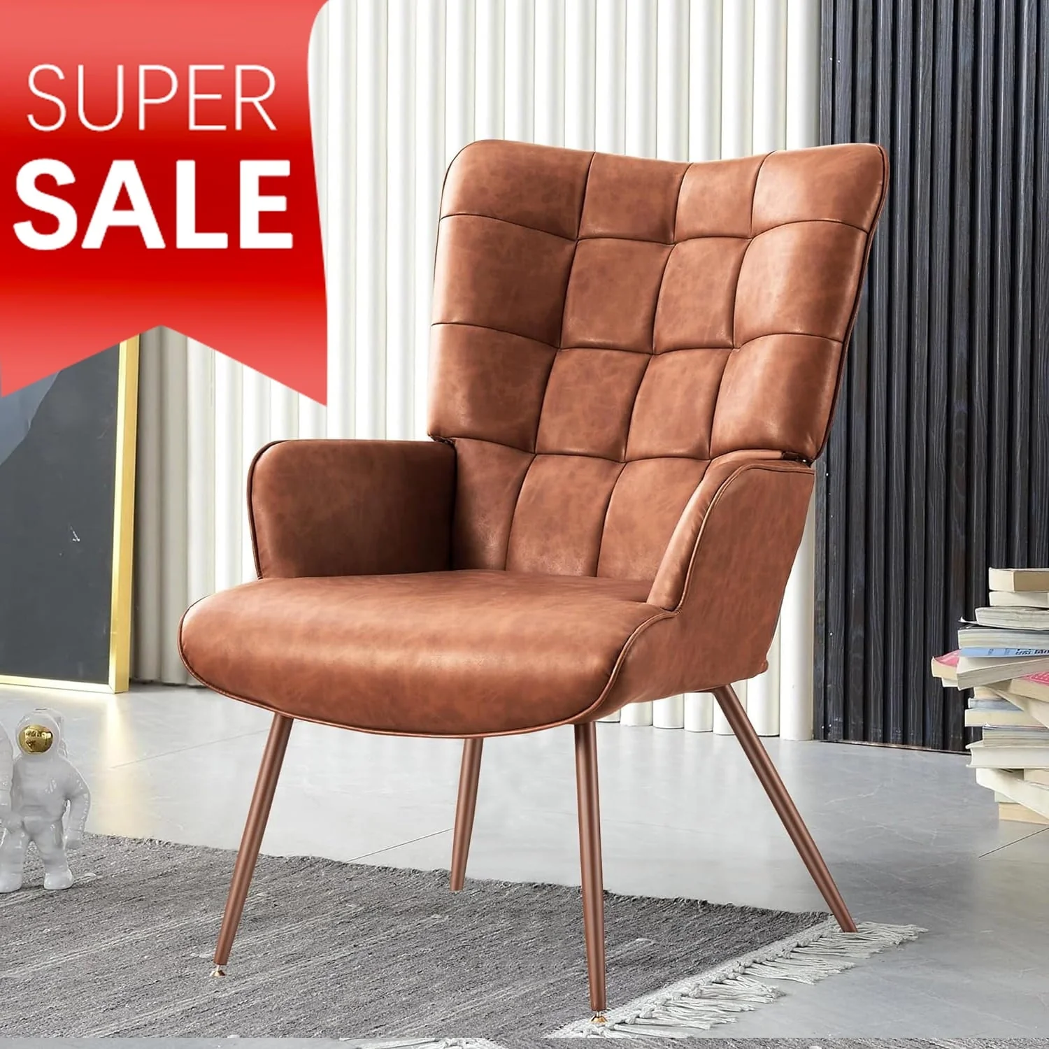Unikome Livingroom Chair Modern Accent Chair, Faux Leather Wingback Accent Chair PU Leather Accent Chair for Home Office/Living Room/Bedroom, Maroon