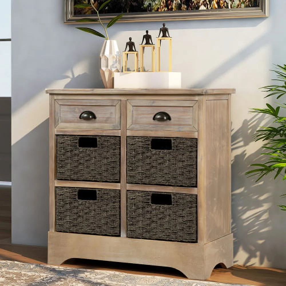 Rustic Storage Cabinet, Wood Accent Cabinet with 2 Drawers and 4 Rattan Baskets,Entryway Console Table Sofa Table for Living Room,Dining Room,White Washed