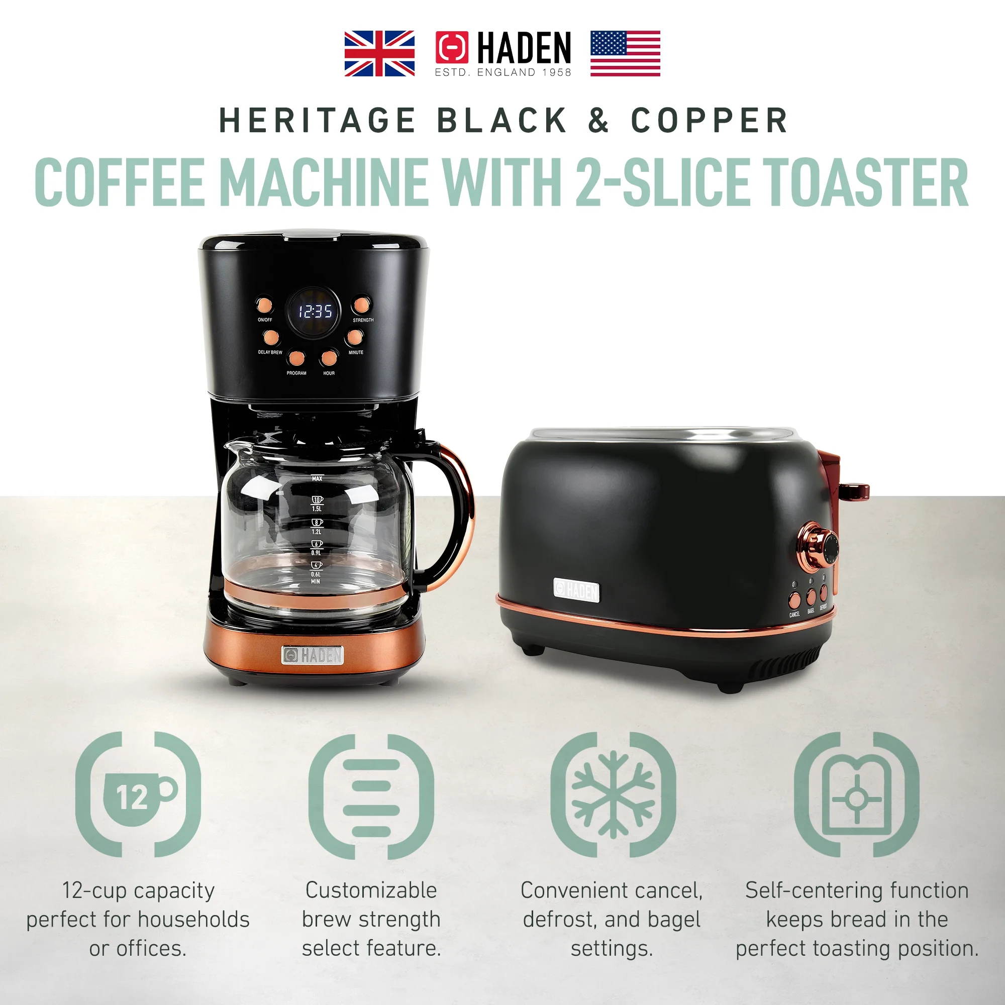 Haden Heritage 2 Slice Wide Slot Toaster & Coffee Maker, Black & Copper