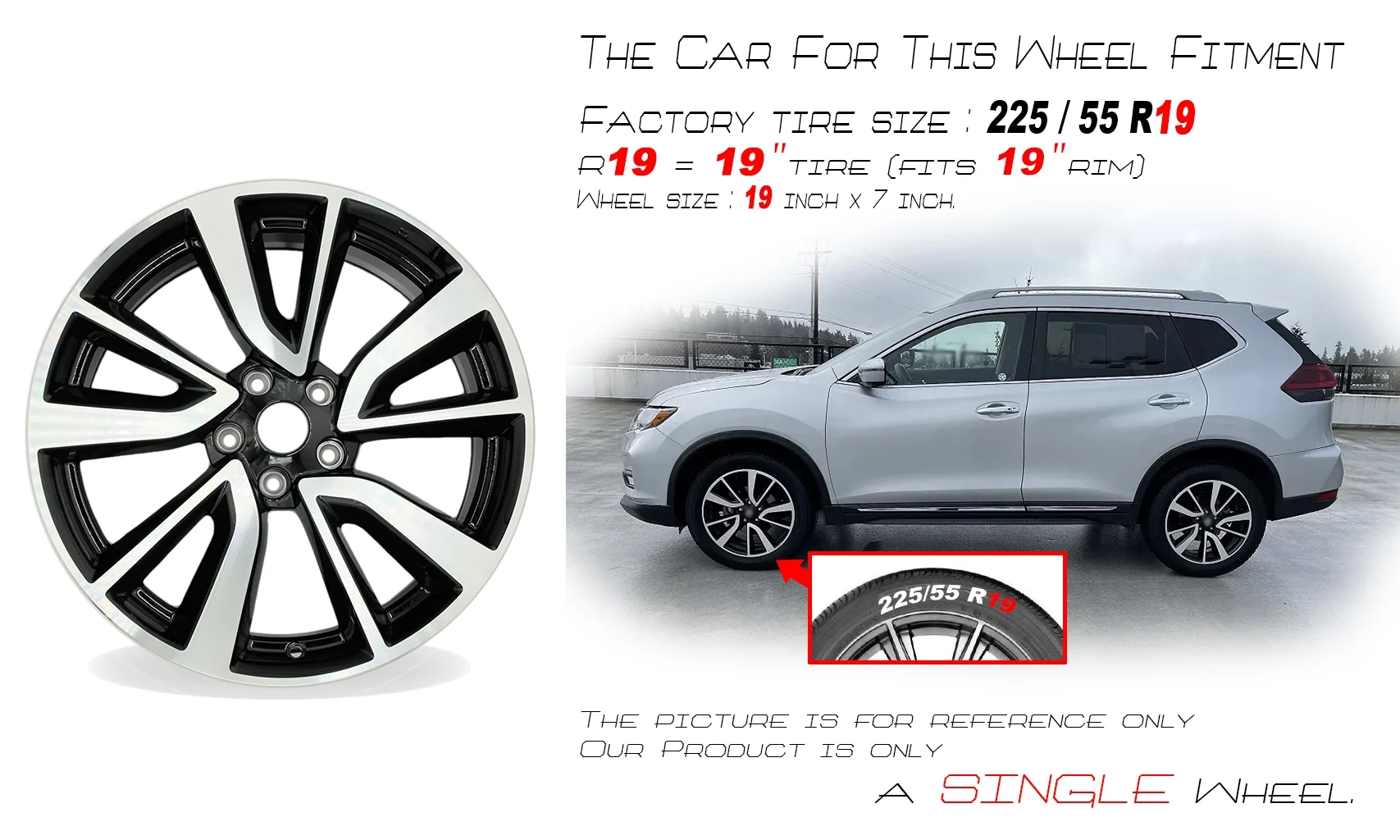 For Nissan Rogue OEM Design Wheel 19" 19x7 2017-2020 Machined Black Single Replacement Rim