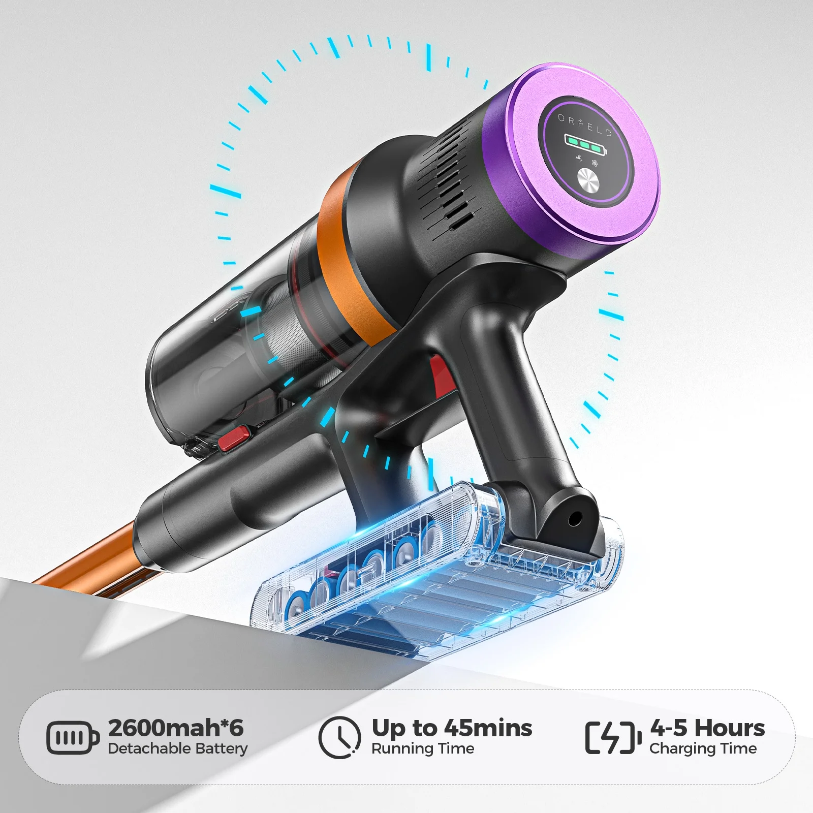 ORFELD Cordless Vacuum Cleaner with 2600mAh Detachable Battery, 45Kpa Powerful Stick Vacuum for Hard Floor Carpet Pet Gold, SV30