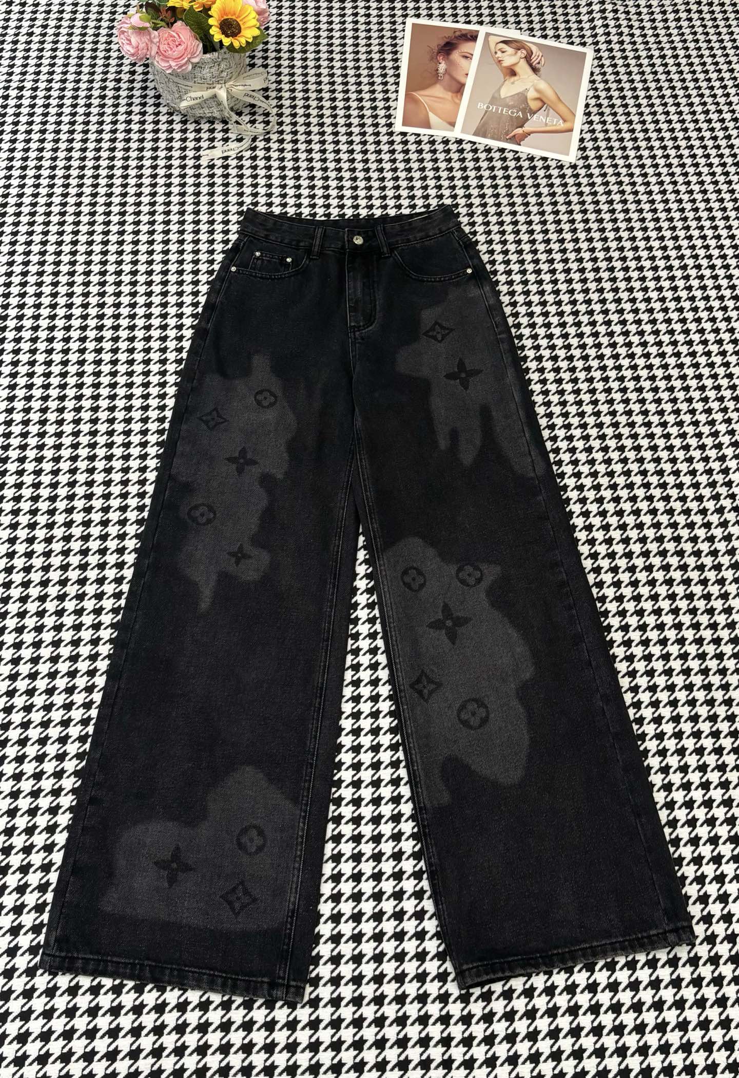 LV Style Splash Monogram Patch Denim Pants