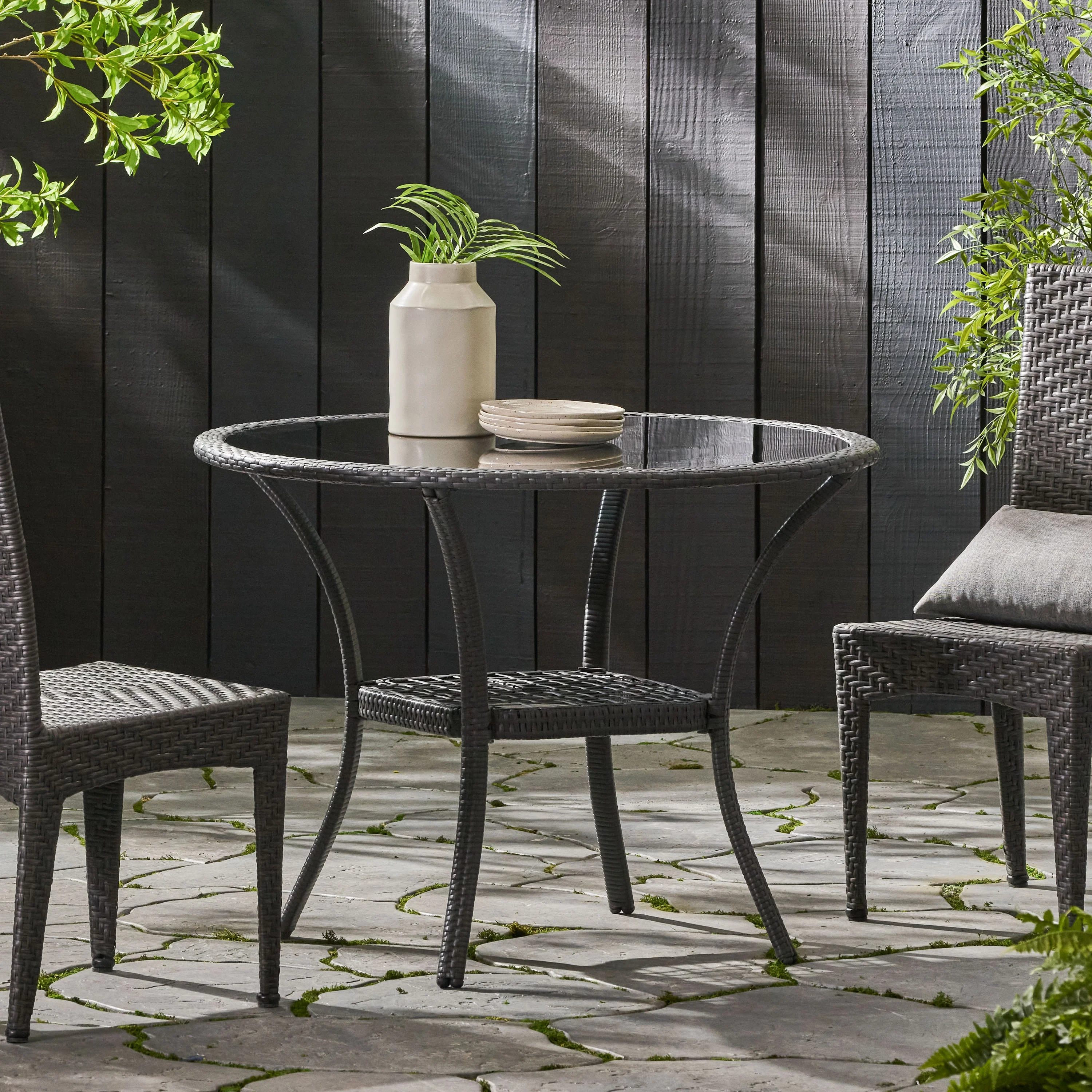 GDF Studio Jeremy Outdoor Wicker Dining Table with Glass Top, Gray and Smoky