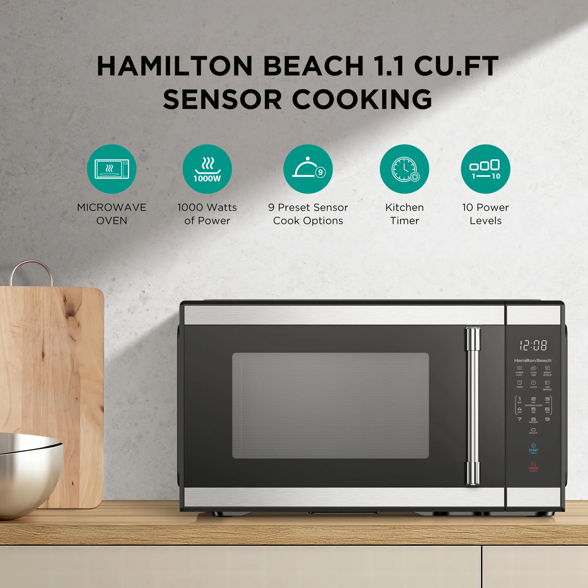 Hamilton Beach 1.1 cu ft Countertop Microwave Oven, Black and Stainless Steel