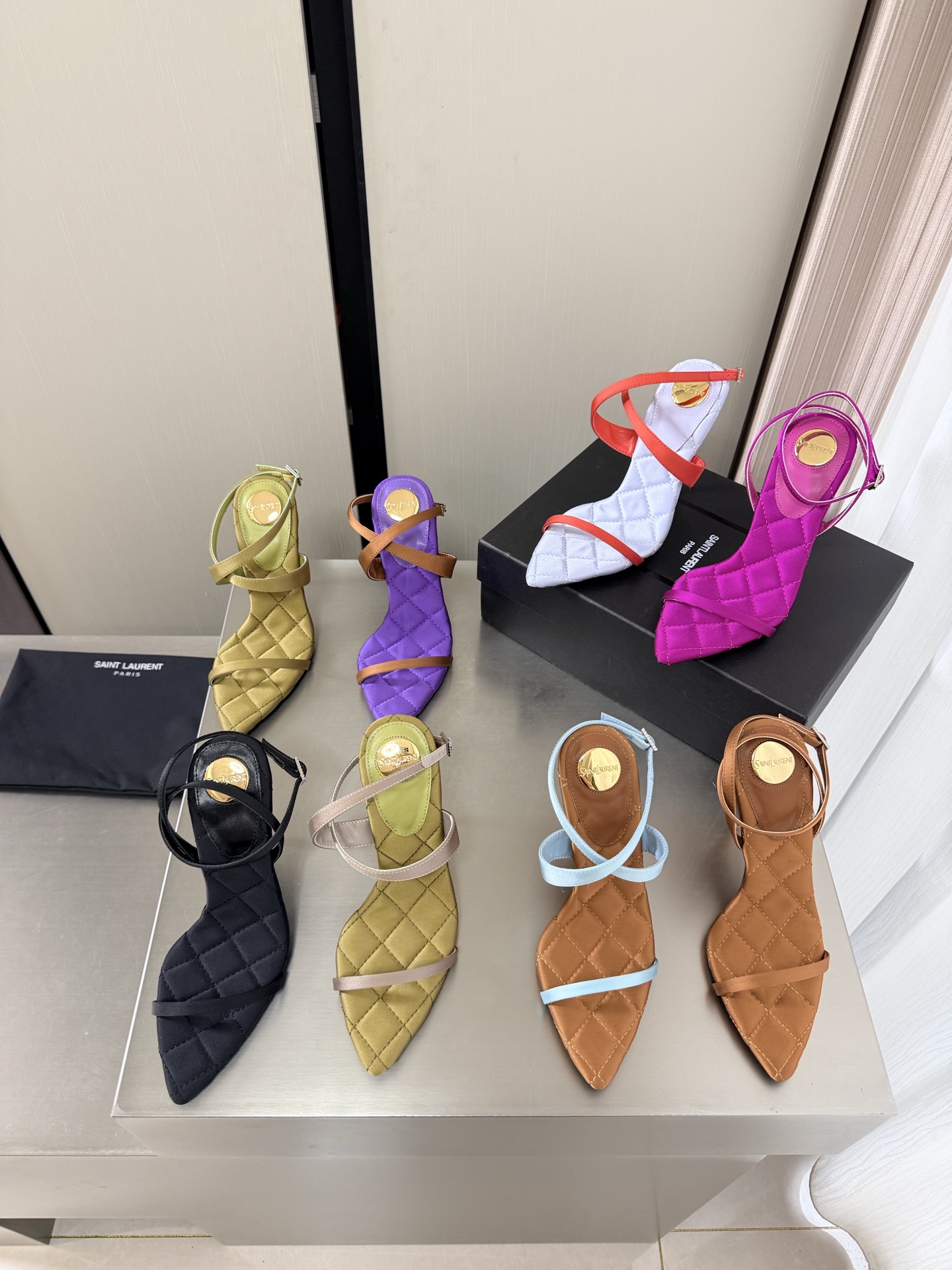 YSL Pointed Toe Strappy Diamond Quilted Insole Strass Embellished Stiletto Heel Slingback Sandals