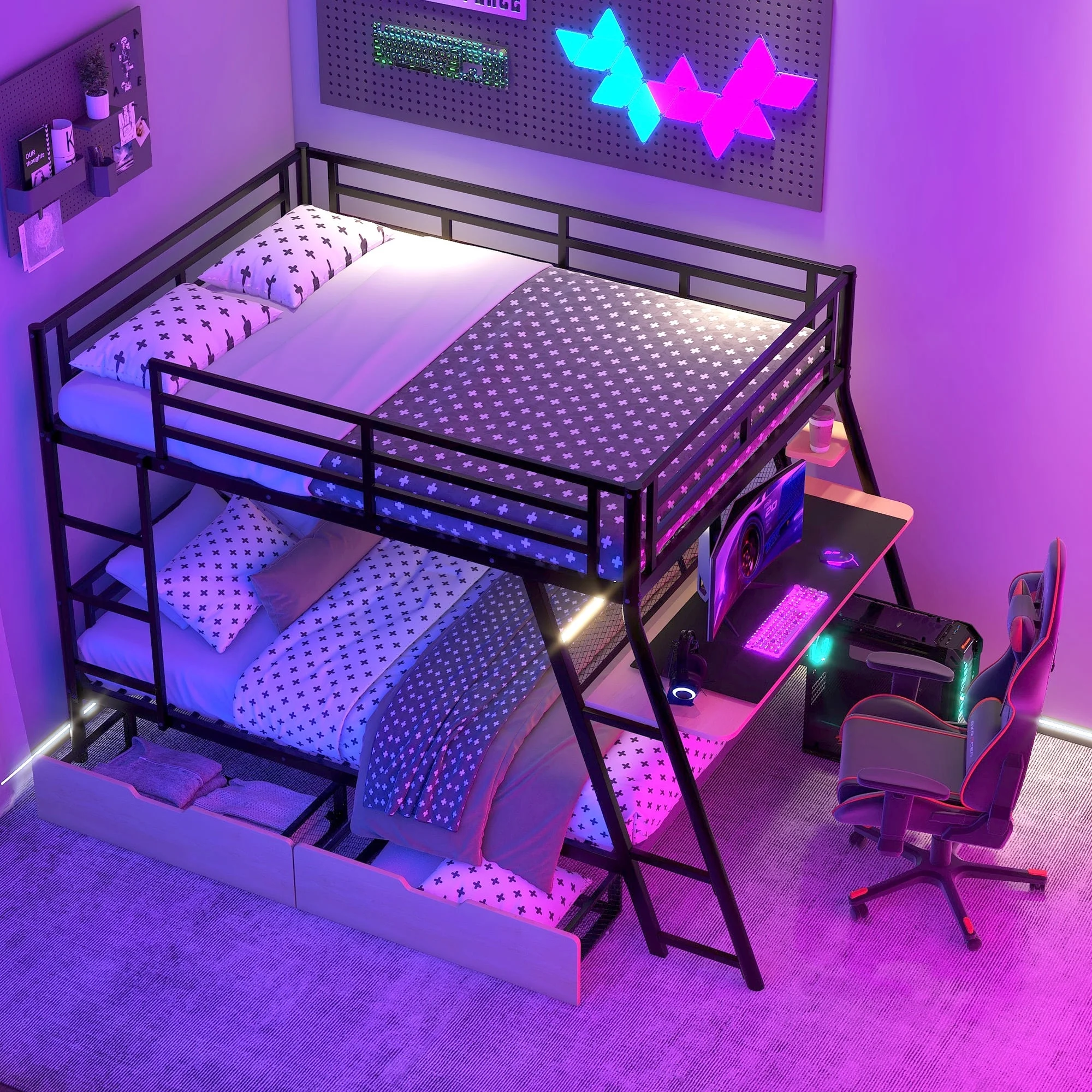 Kumix Gaming Bunk Bed with Desk, LED Light, Full over Full Bunk Bed with 2 Drawers, Ladder and Full Length Guardrail for Teens and Adults, Metal Full Size Bunk Bed Frame for Bedroom, Black
