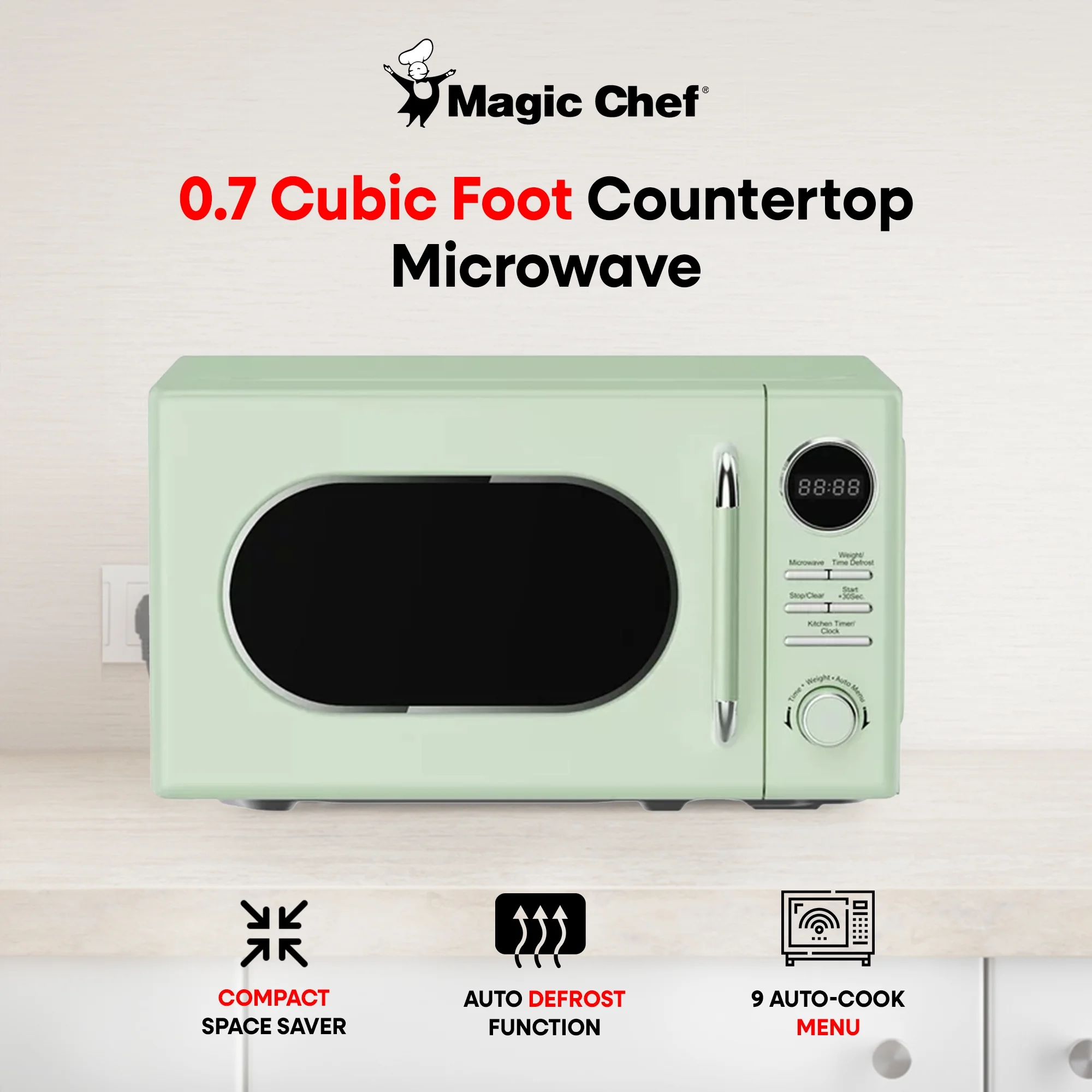 Open Box Magic Chef 0.7 Cubic Feet 700 Watt Classic Retro Microwave, Green