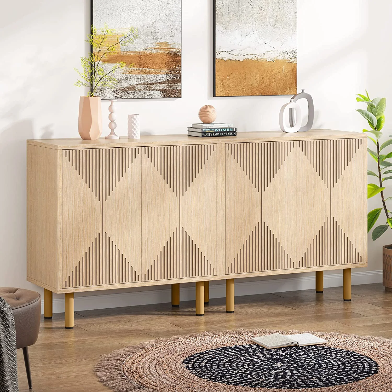 Tribesigns 59" Modern White Storage Cabinet Set, Freestanding Floor Cabinet, Wood Buffet Cabinet with Doors, Large Storage Cabinet for Living Room, Dining Room, Garage
