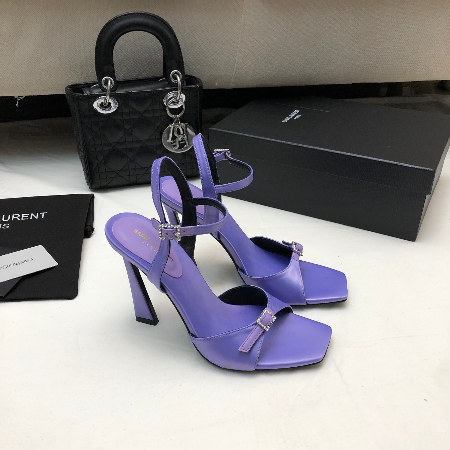 YSL Maxine Square Toe Venue Satin Crystal Buckle Ankle Strap Stiletto Heels Sandals