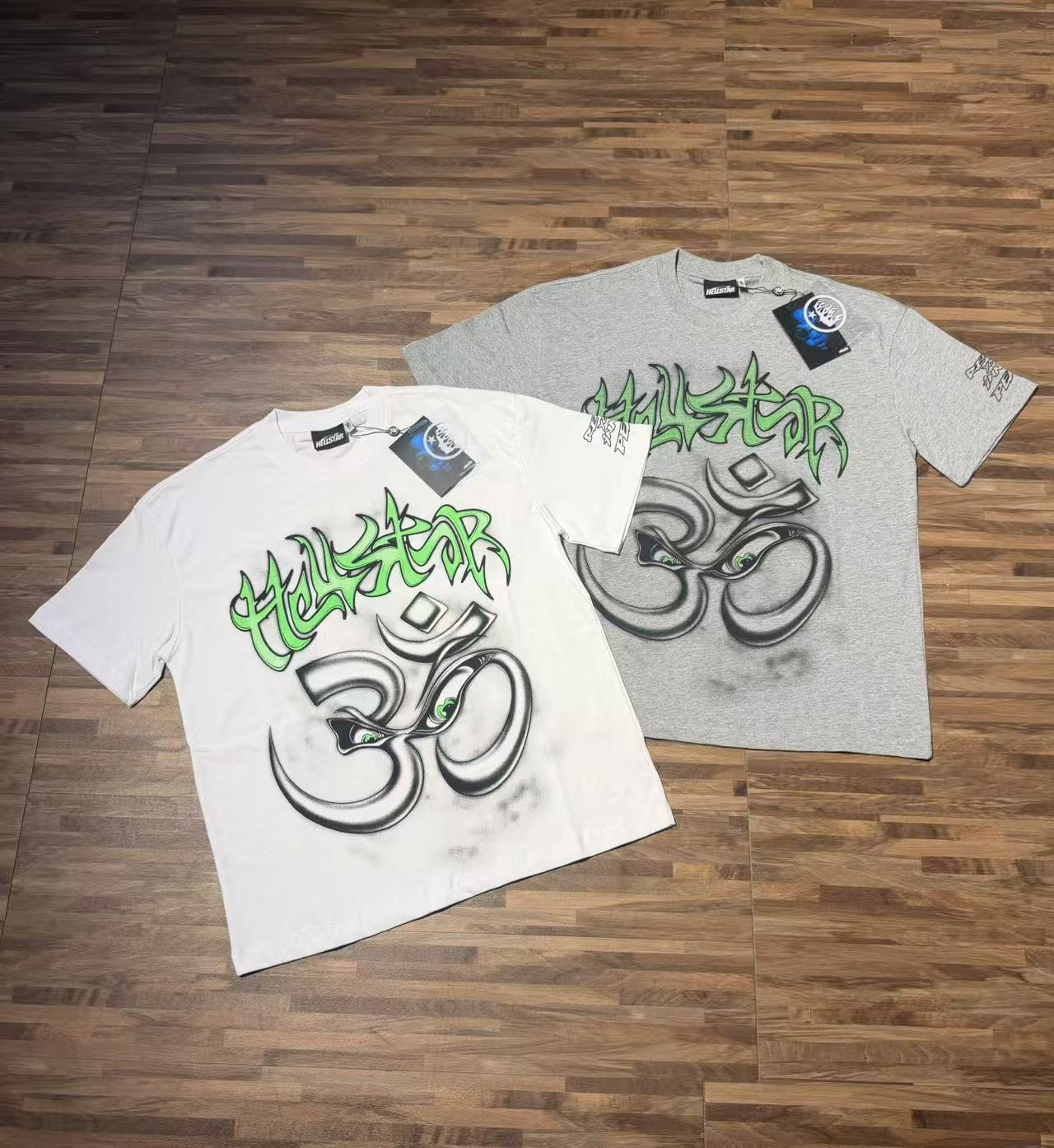 Green graffiti logo vintage print short-sleeved shirt
