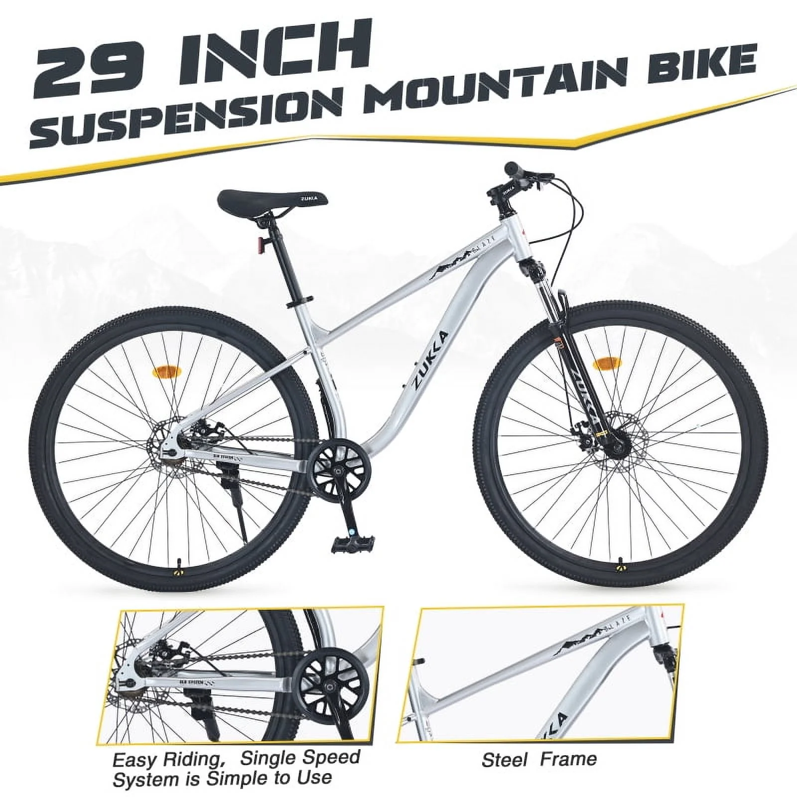 29" Single-Speed Mountain Bike: Steel Frame, Front Suspension, Dual Disc Brakes (For All Ages)