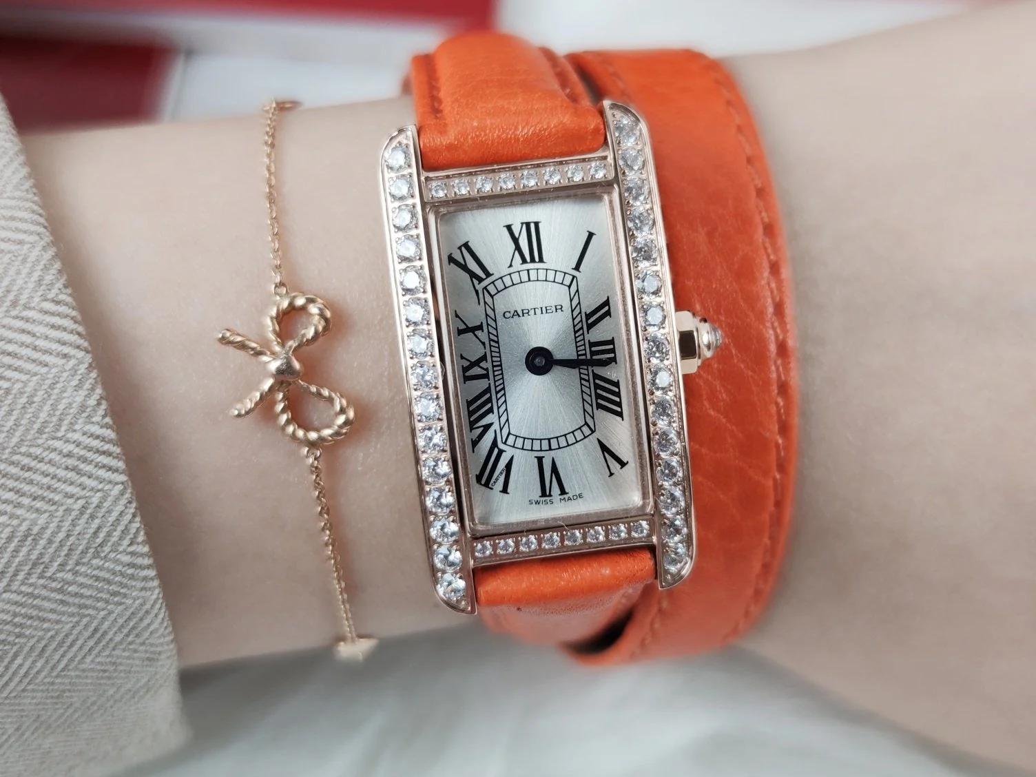 Cartier Watch TANK AMERICAINE QUARTZ ROSE GOLD DIAMOND BEZEL SILVER DIAL