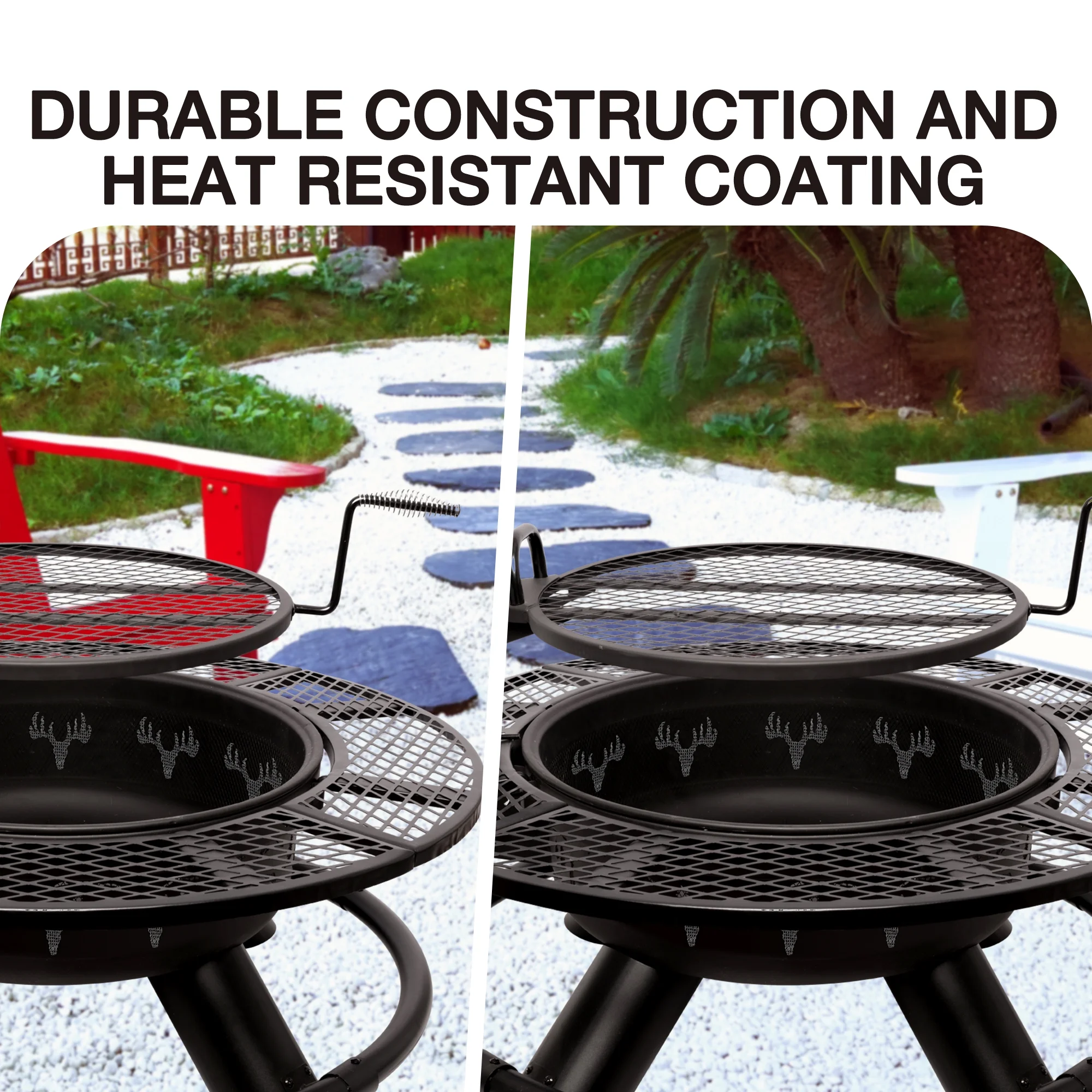 Bestier Fire Pit with Grills Grate, 47" Outdoor Firepit for Outside Wood Burning, Round Metal Fire Pits for Patio, Picnic, Party, BBQ, Deer Head Style