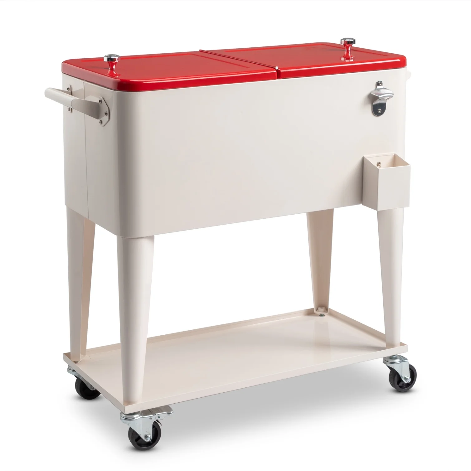 80 QT Rectangular Rolling Cooler Cart with Wheels, Portable Ice Chest with Bottle Opener and Storage Shelf, Outdoor Beverage Cart Ice Chest Cart for Patio Party, Picnic, BBQ, Camping,  Red &White