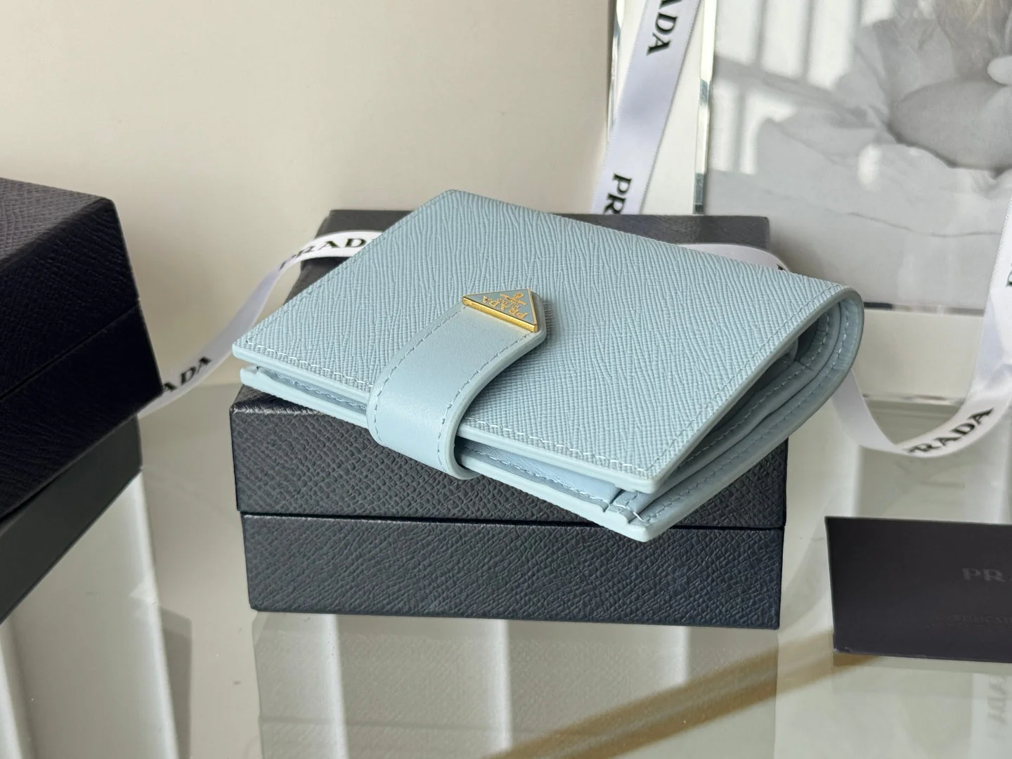 Prada1MV204 Small Wallet Light Blue Saffiano & Smooth Leather
