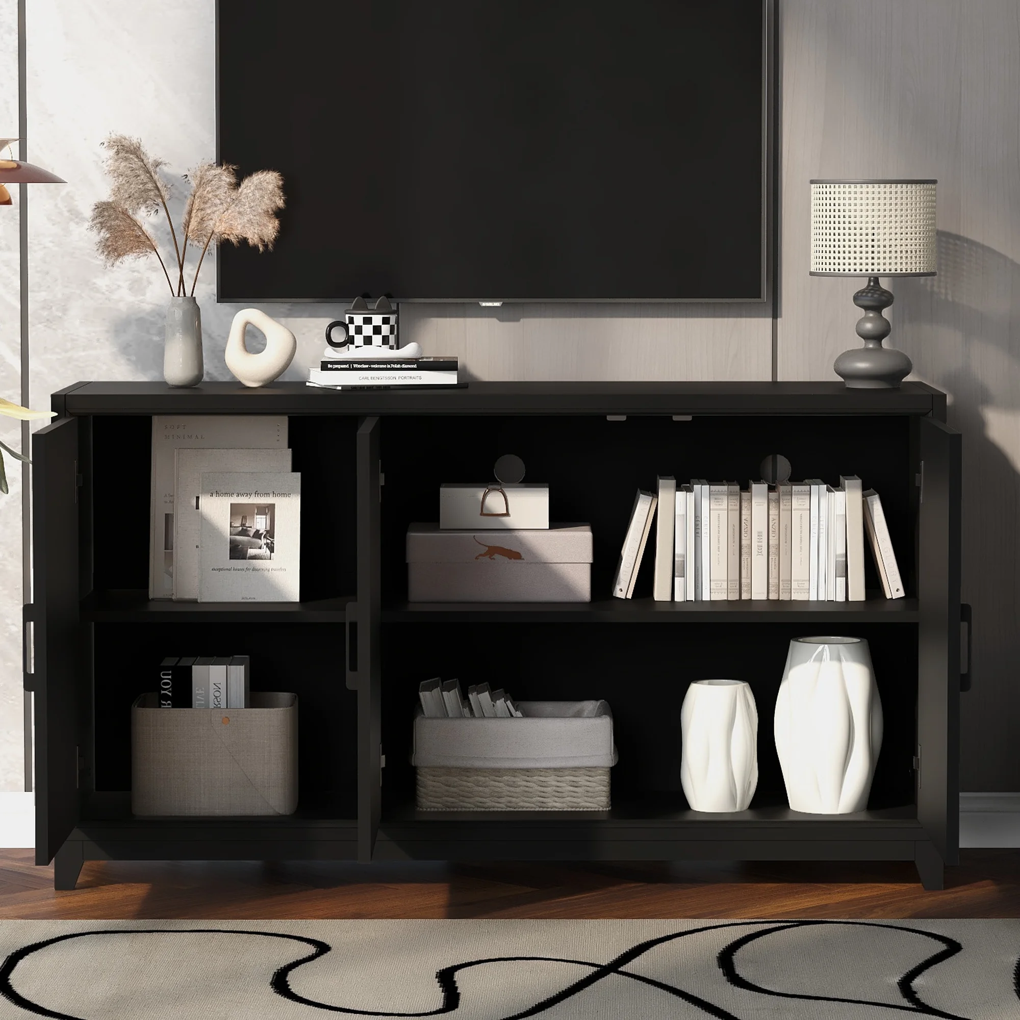 Euroco Modern TV Stand with Adjustable Shelves & Solid Wood Legs C Media Console Cabinet with Storage for Living Room or Bedroom