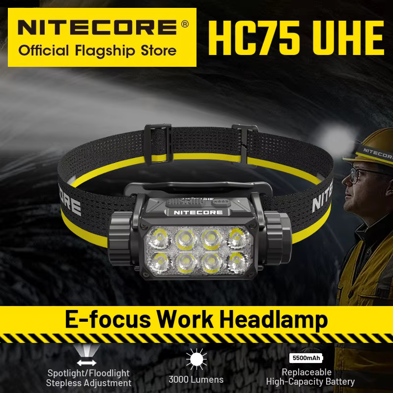 NITECORE HC75 UHE E-focus Work Headlamp 3000 Lumen USB-C Rechargeable Headlight Spotlight Flooding,5500mAh 21700 Li-ion Battery