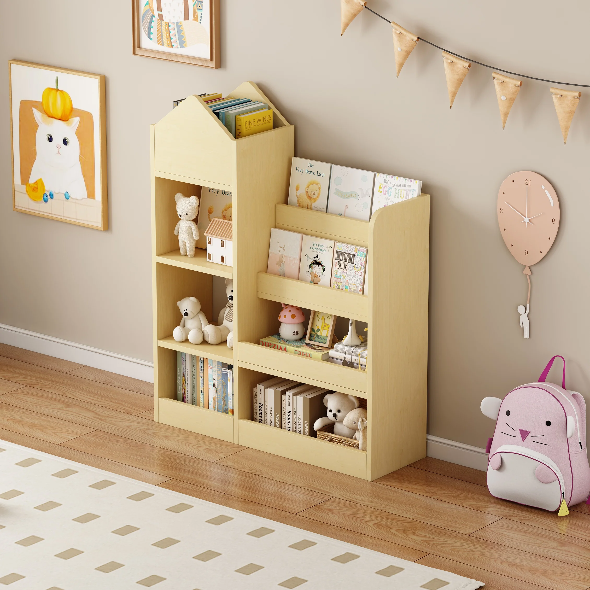 PORKISS Bookshelf for Kids, Wood Kids Bookcase with Toy Storage Organizer, Freestanding Book Shelf with 6 Compartments and 2 Baskets Bins for Kids Bedroom, Nursery, Playroom, Natural