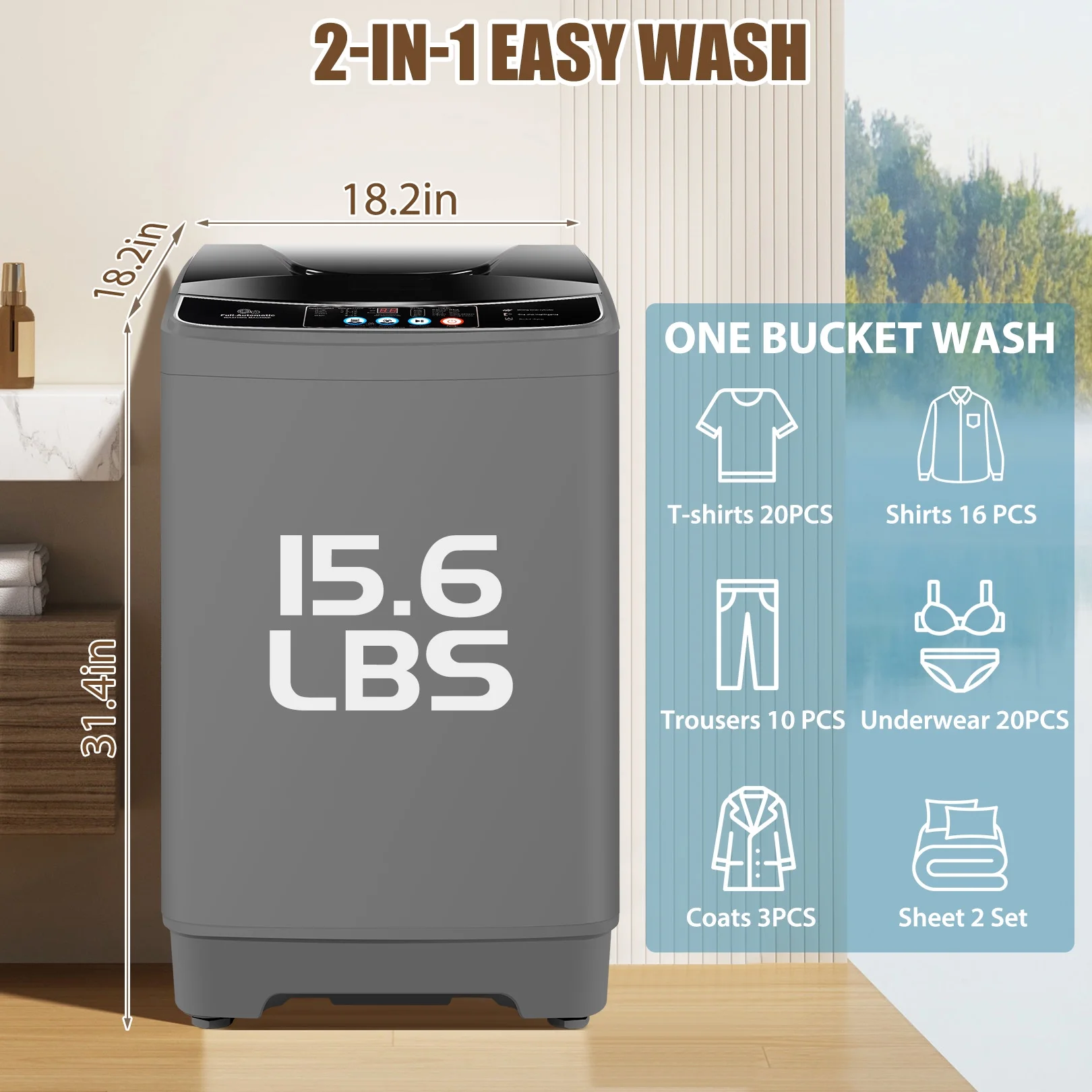 Veeboto Portable Washing Machine, 15.6lbs Washer and Dryer Combo Machine with 10 Wash Programs/8 Water Levels, Laundry with LED Display & 1 Adjustable feet for Home, Apart, Bathroom