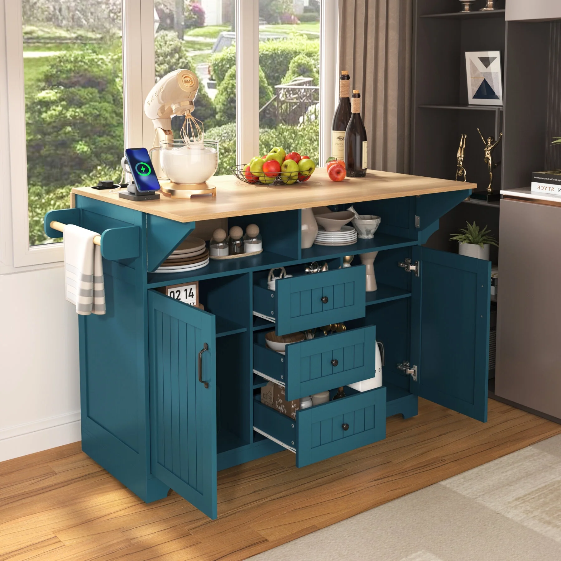 55.7'' Large Kitchen Island with 2 Drop Leaf,, Rolling Kitchen Cart on Wheels with Power Outlet, Spice & Towel Rack and 3 Drawers, Folding Storage Dining Table for Kitchen, Dining Room, Green