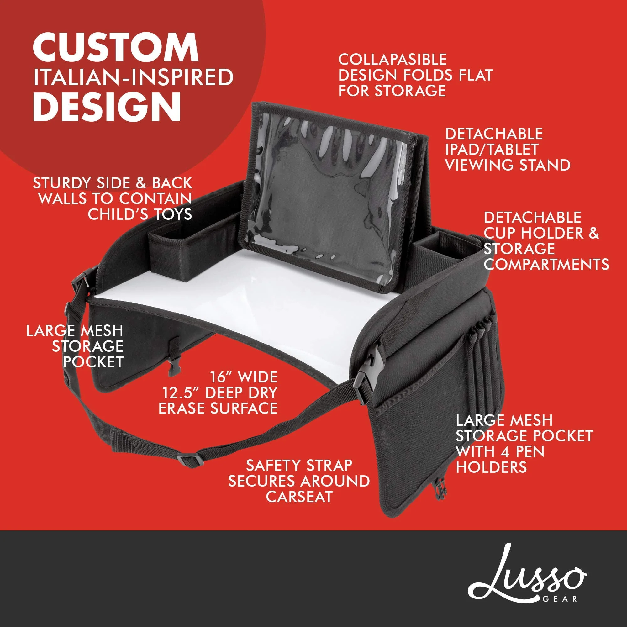 Lusso Gear Kids Travel Tray with Dry Erase Board, Road Trip Essentials Kids, No-Drop Tablet Holder, Lap Desk, Cup Holder, Toddler Toy Storage, Fits Airplane and Booster Seat (Unicorn)