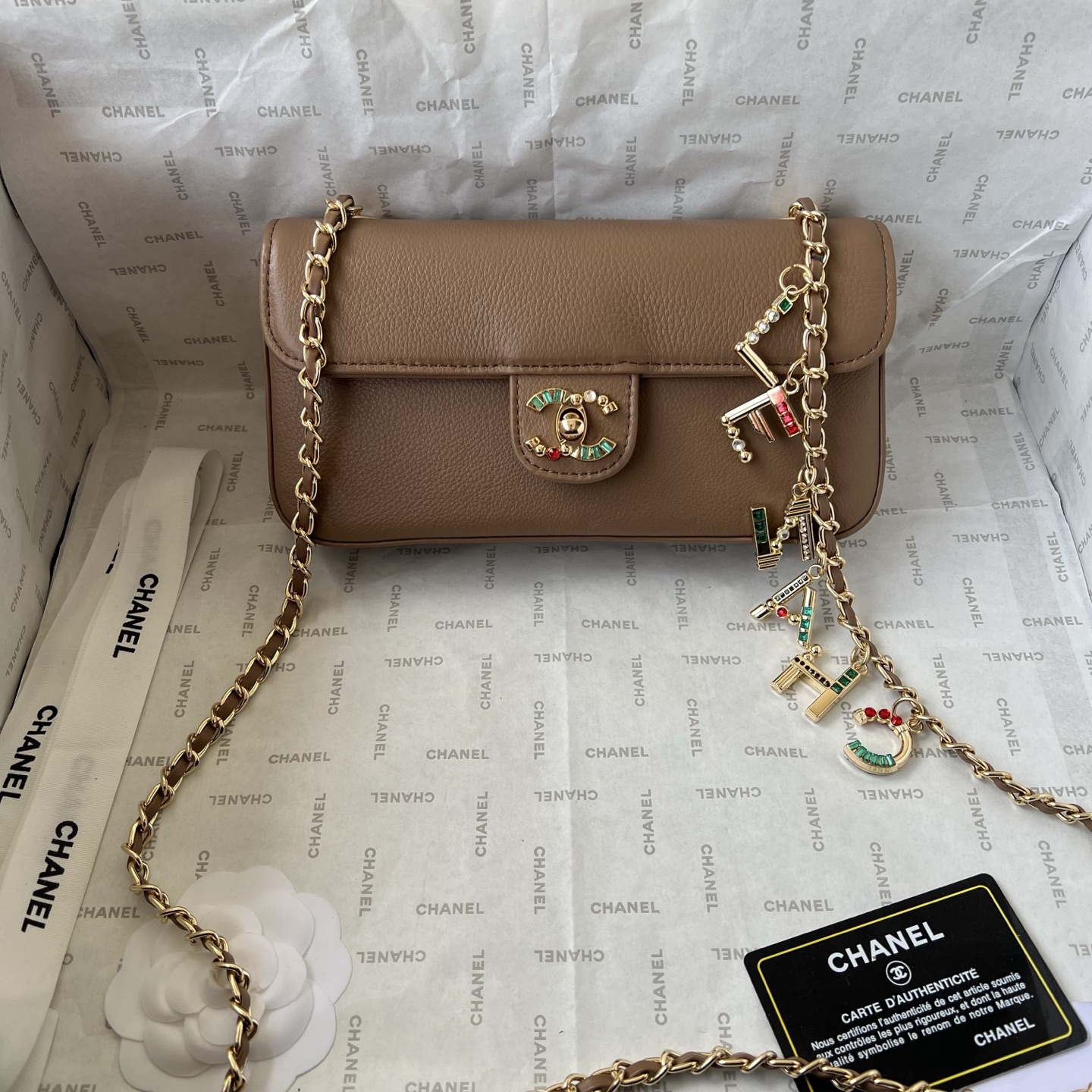 Chanel Style Jeweled Charm Flap Bag